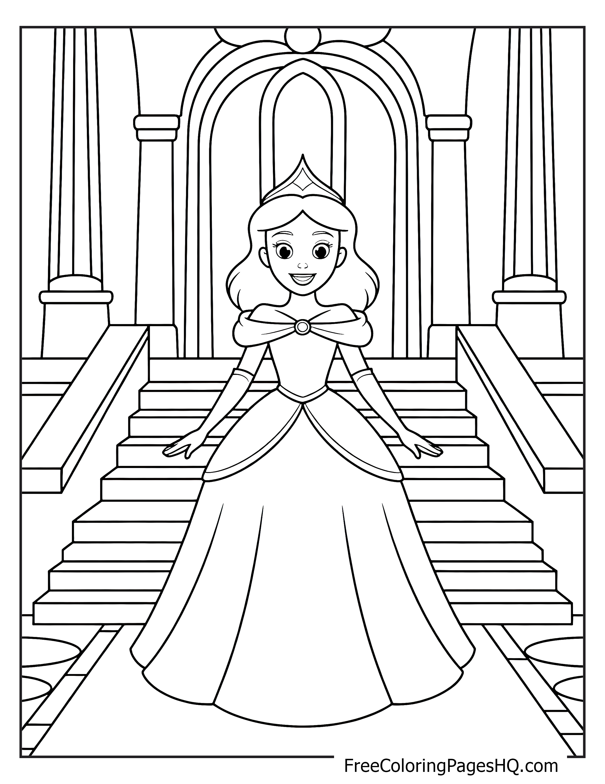 A smiling princess standing on the steps of a castle.