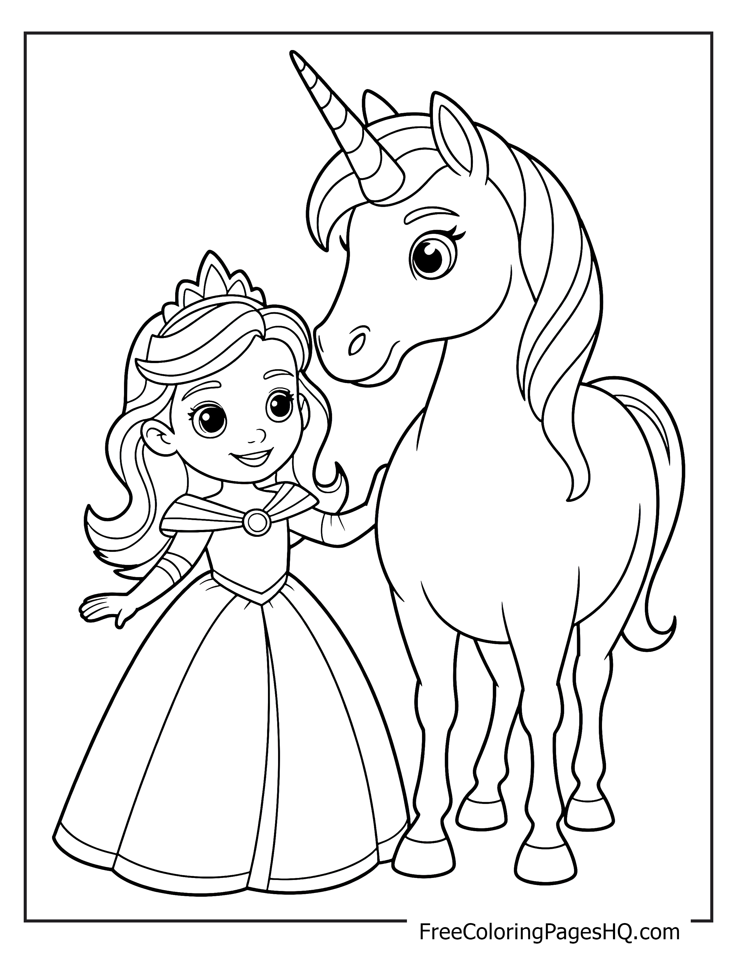 Princess in a gown standing next to a unicorn, sharing a friendly moment.