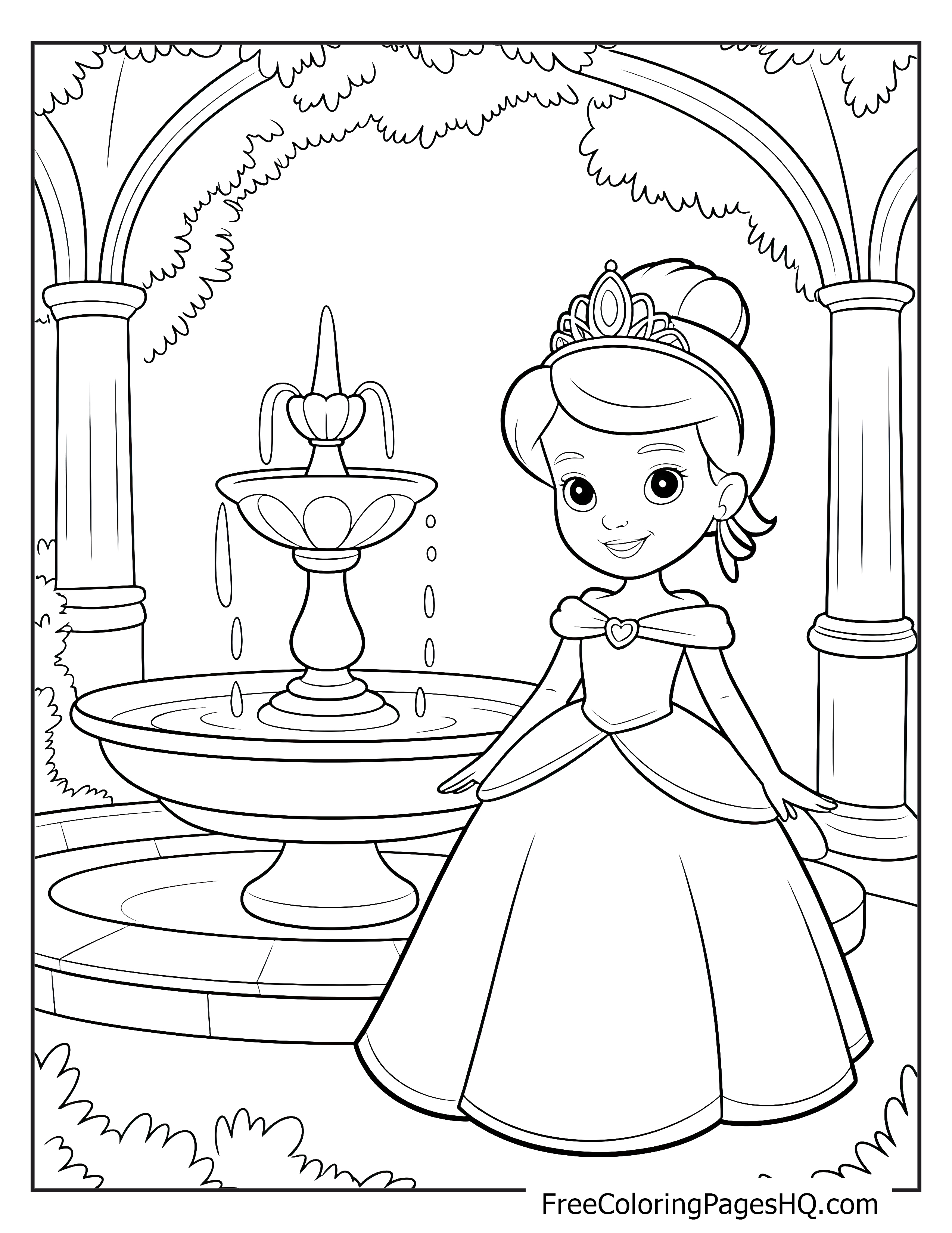 Princess stands beside a fountain in a garden, surrounded by arches and trees.