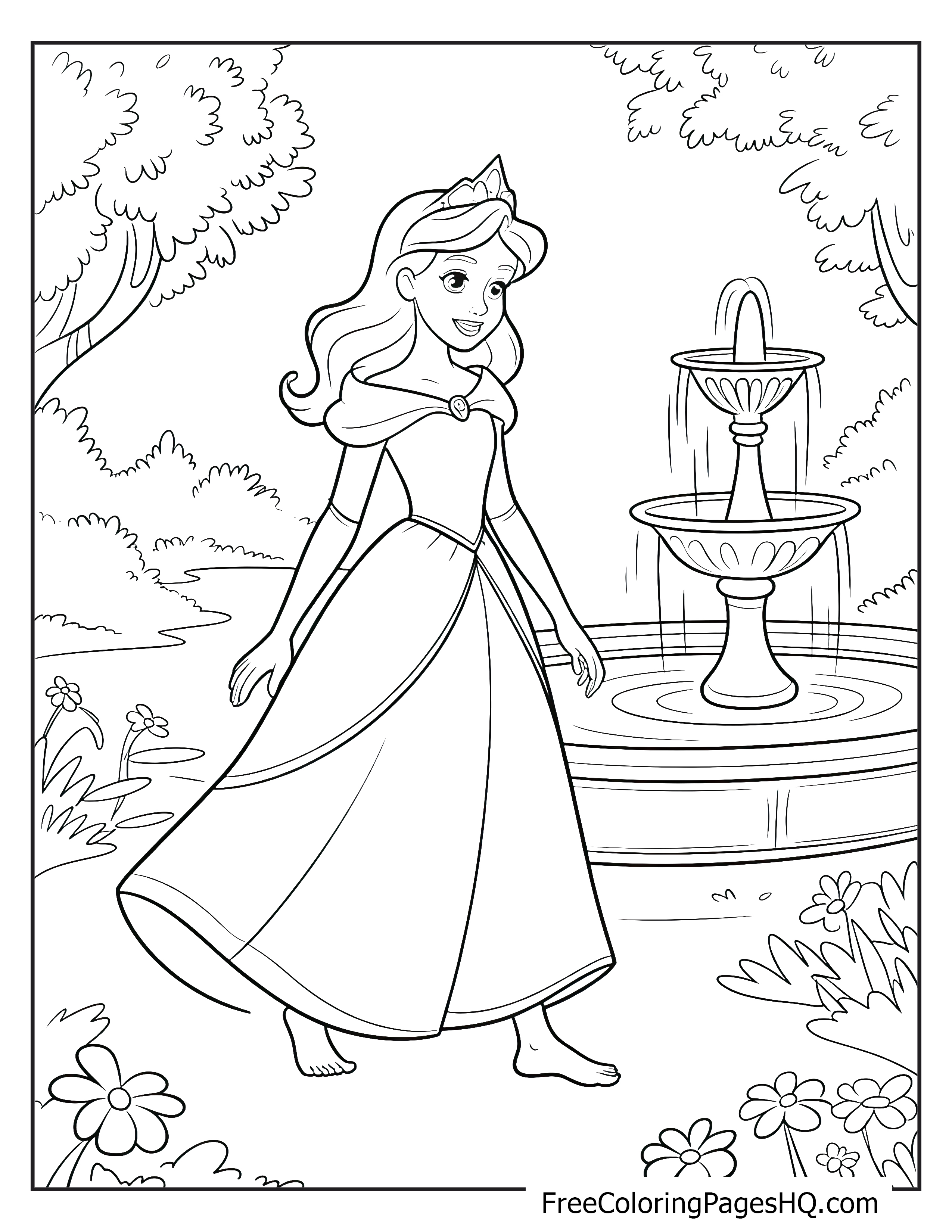 A princess with long hair walks barefoot by a garden fountain on a sunny day.