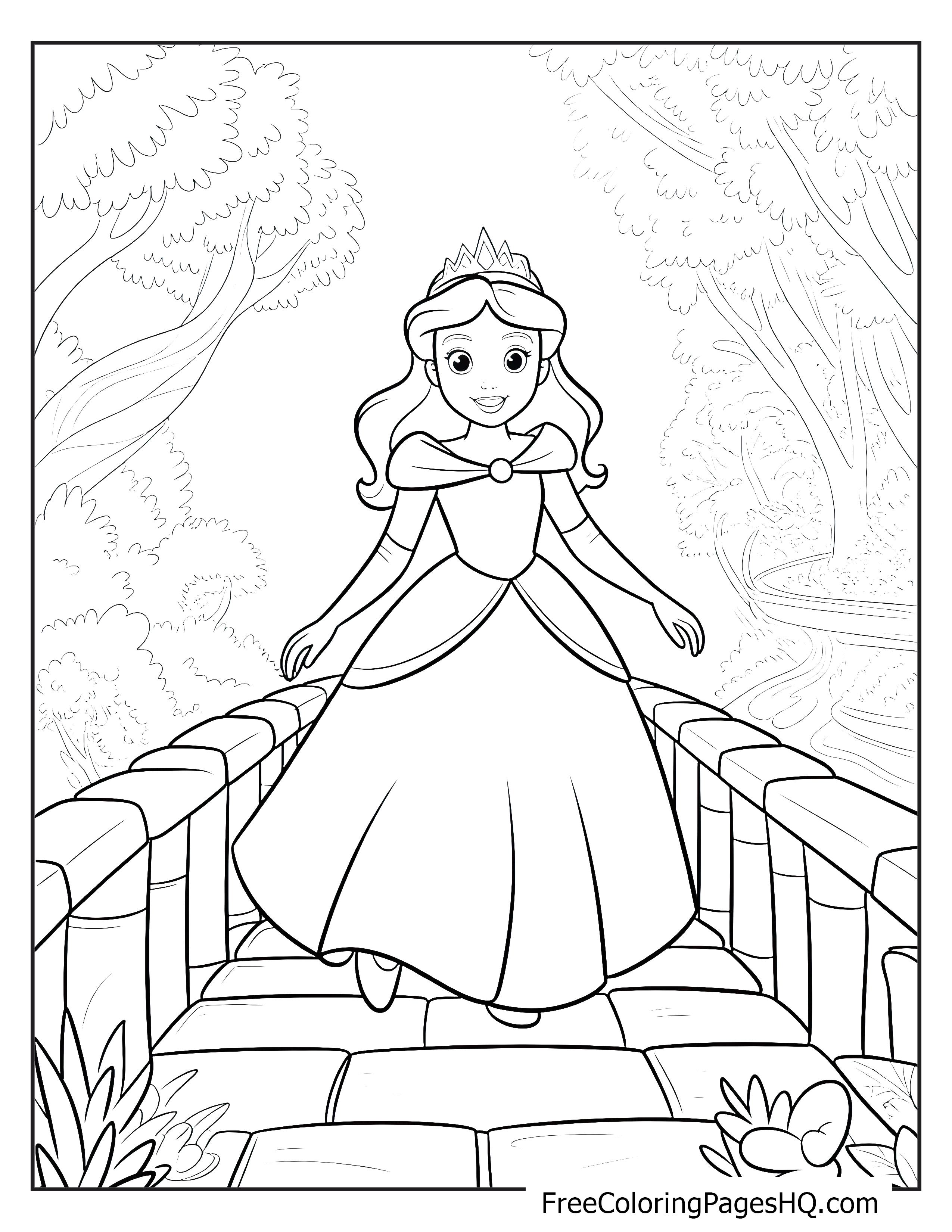 A princess with a crown walks on a stone bridge amidst tall trees.