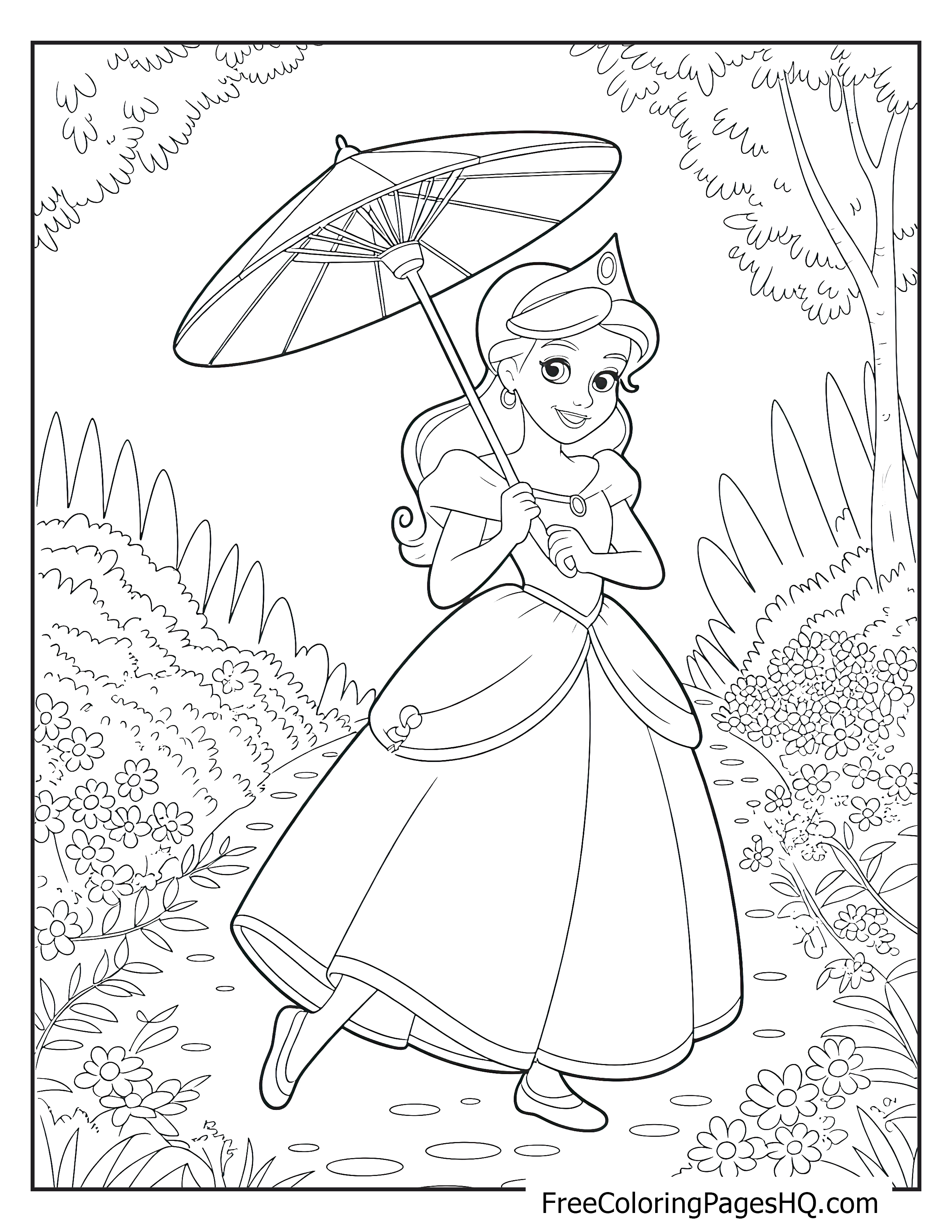 A princess holds a parasol while walking through a garden path surrounded by flowers.