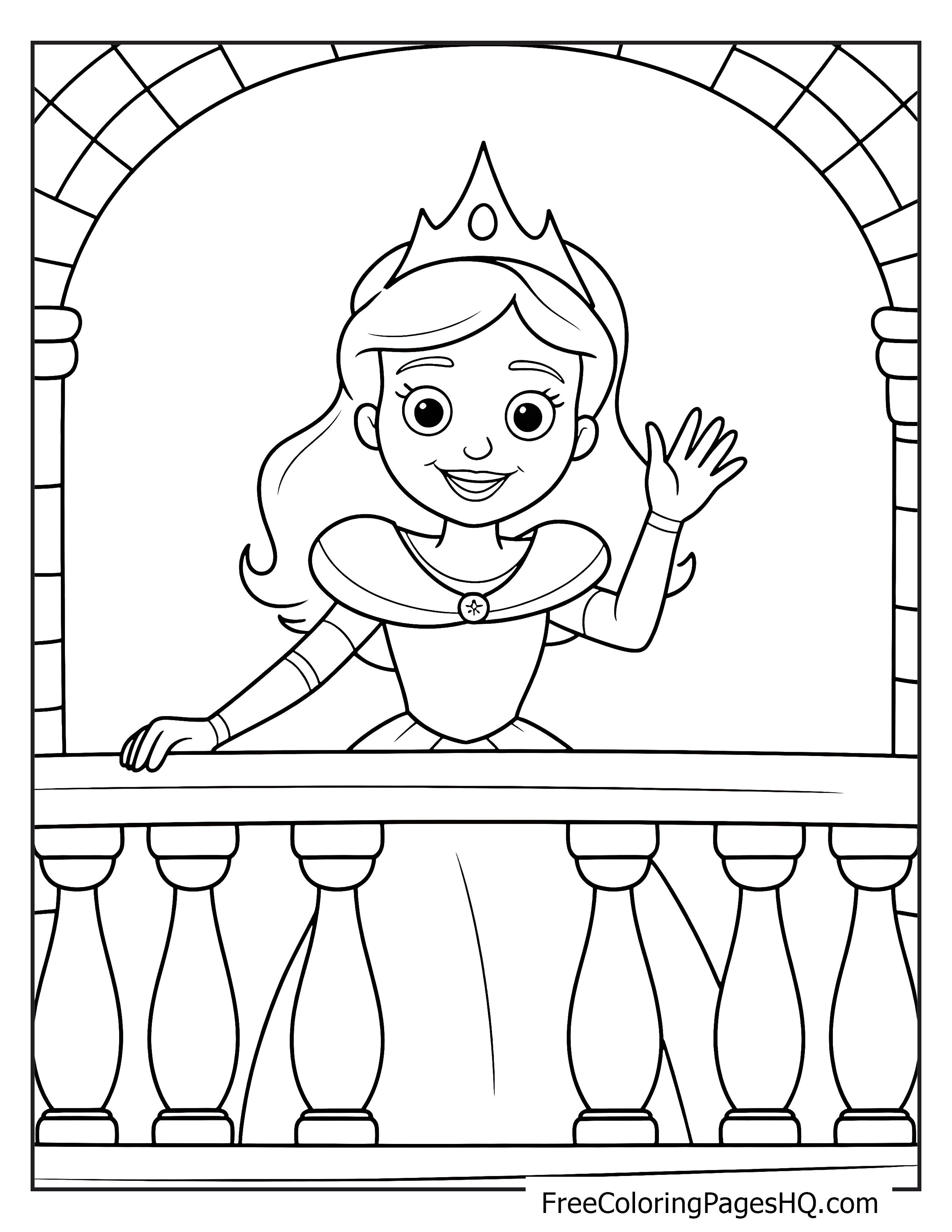 A princess with a crown waves from a castle balcony.