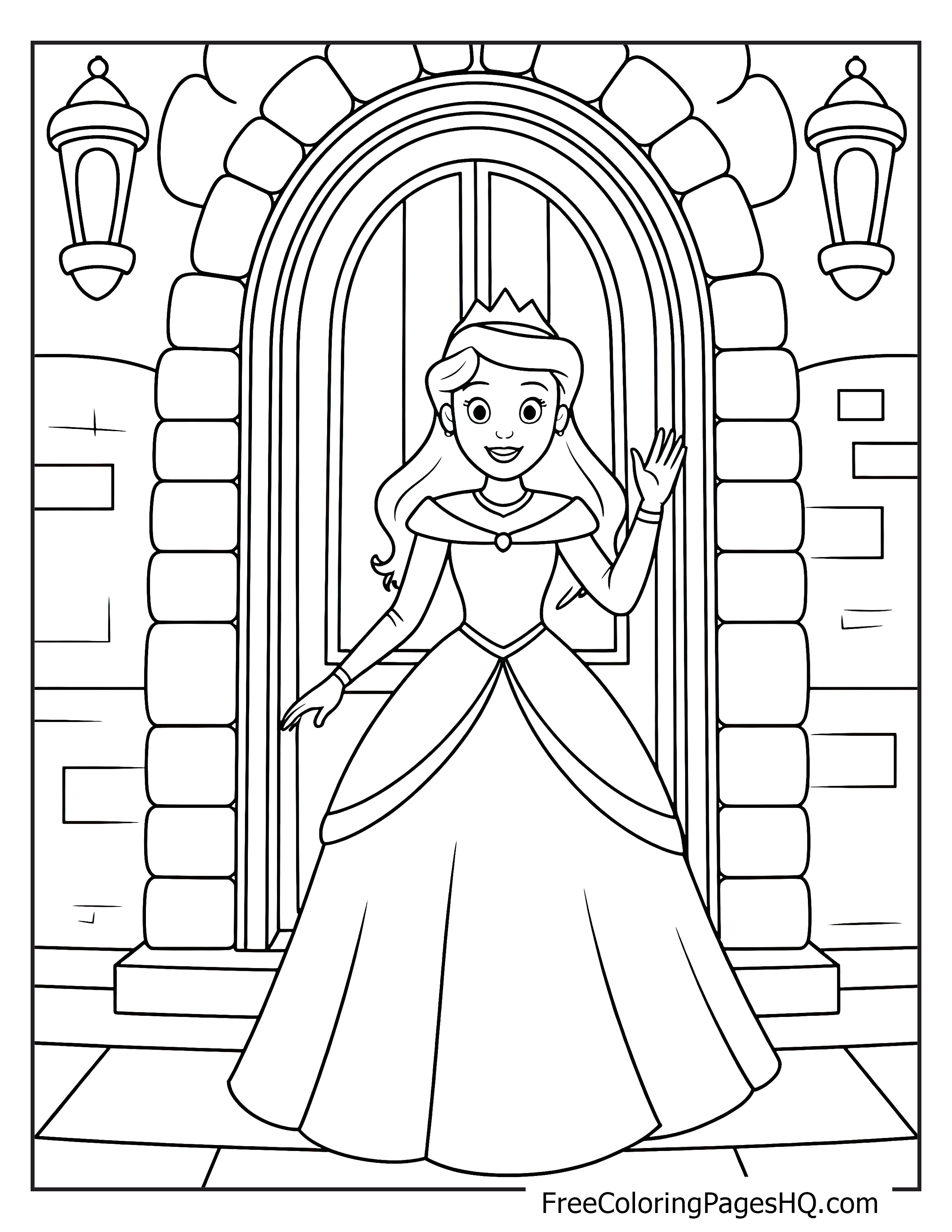 A princess waves with a smile standing in a castle doorway.