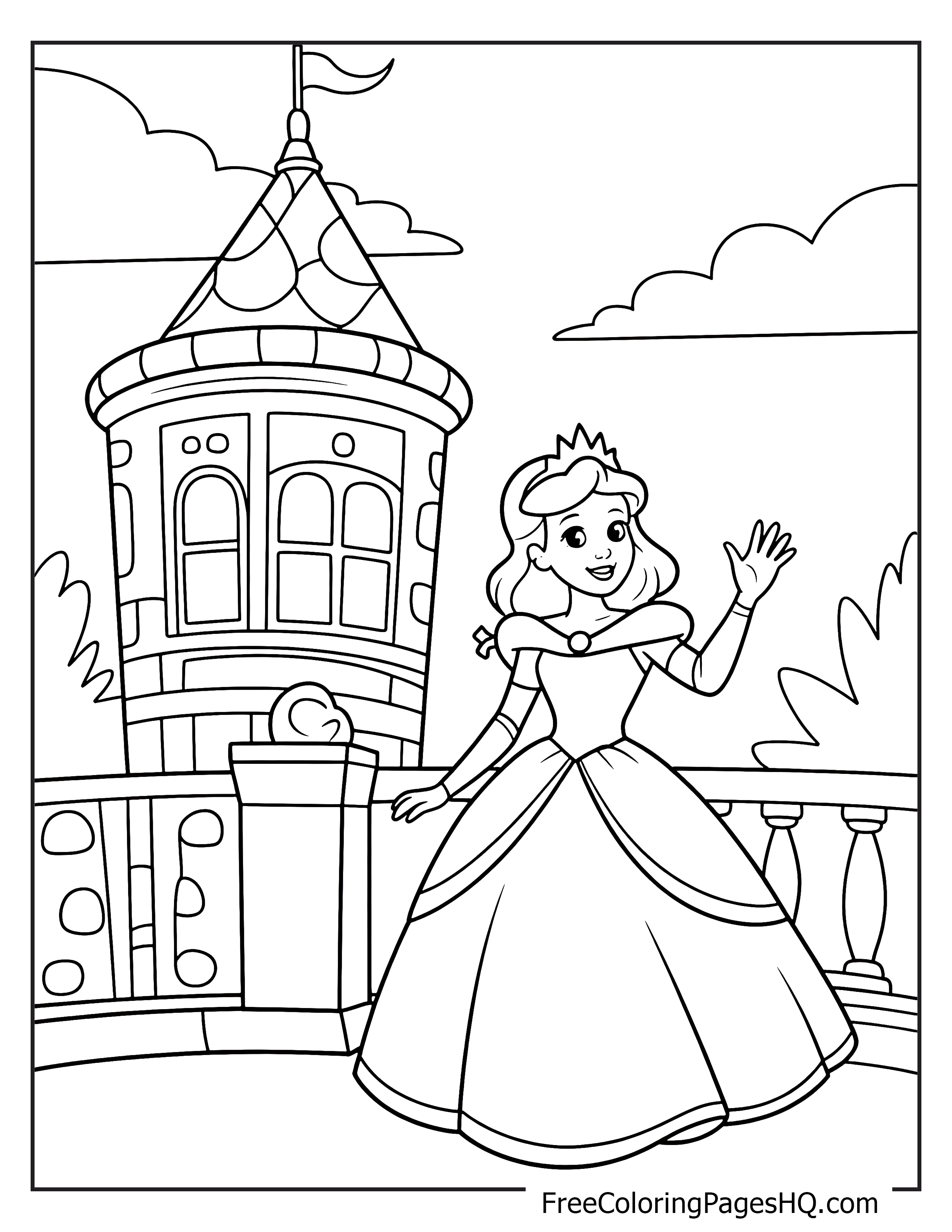 A princess waving from a balcony of a castle, wearing an elegant gown.