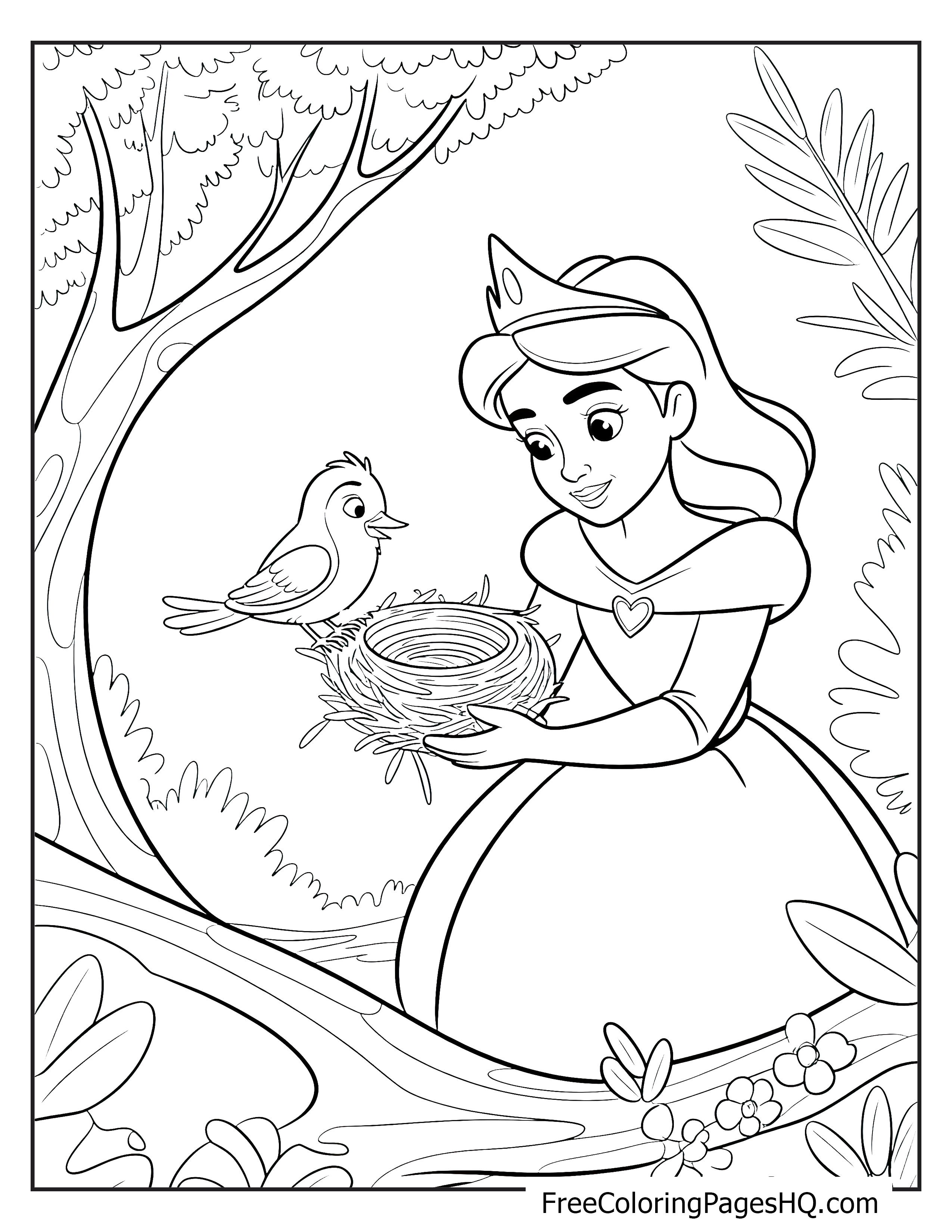 Princess holding a bird's nest next to a bird in the forest.