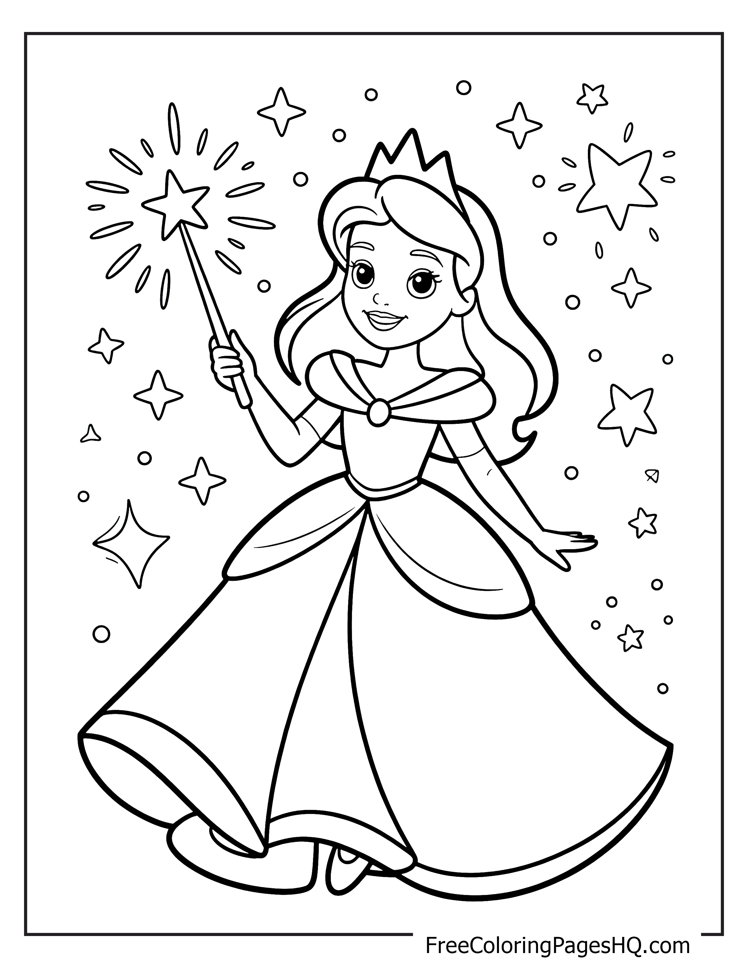 A smiling princess holding a star wand with stars around her.