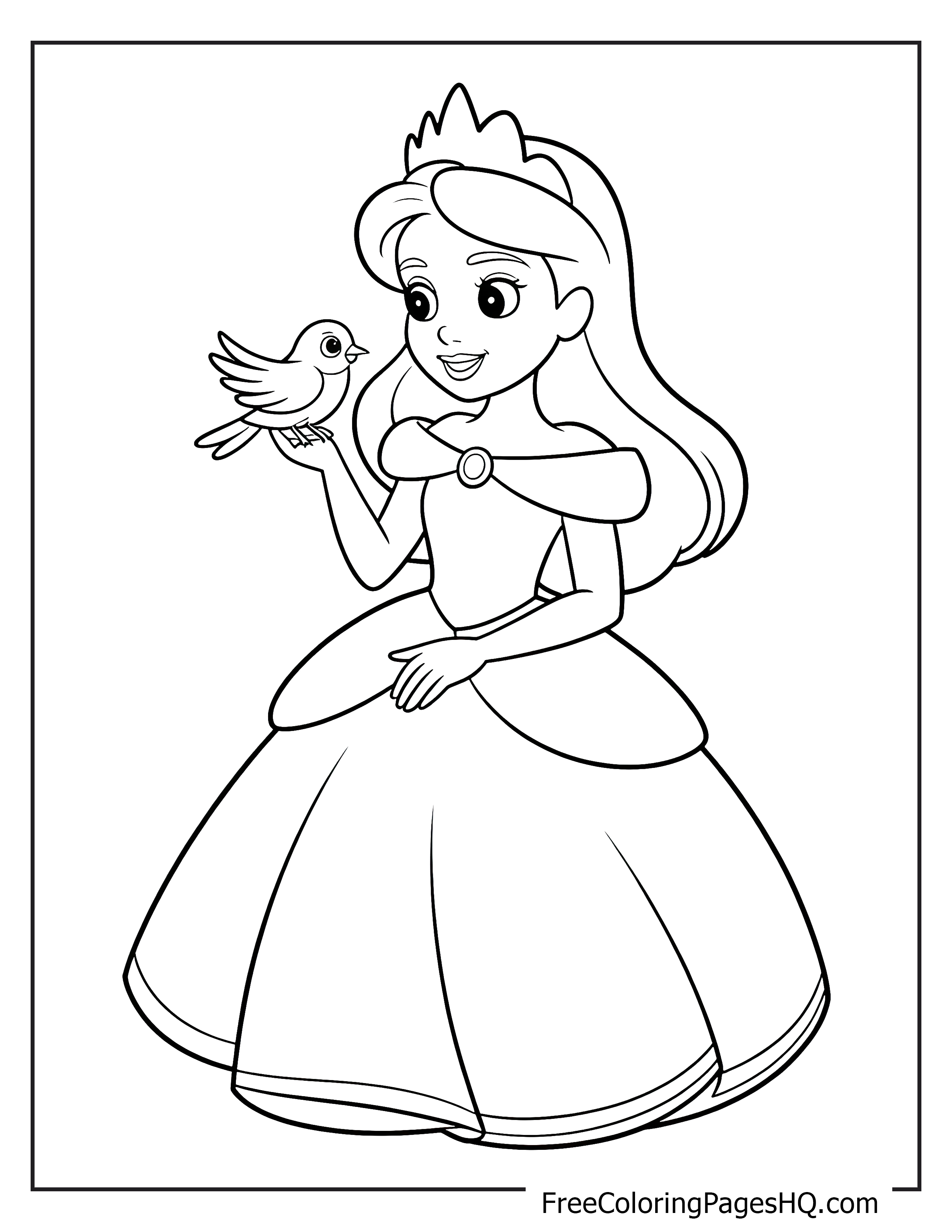 Princess holding a bird while smiling with delight.
