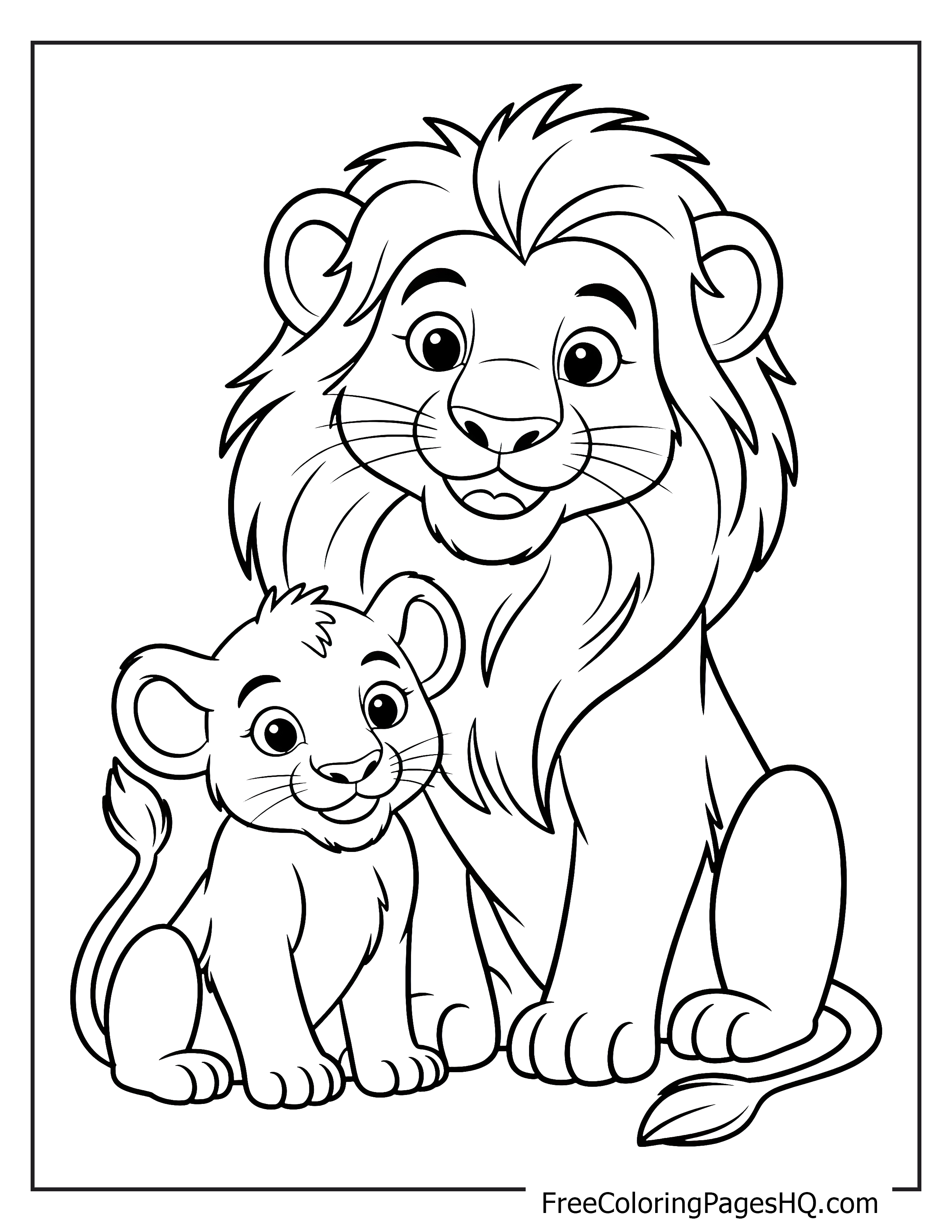 A lion sits beside its playful cub, both with gentle expressions.