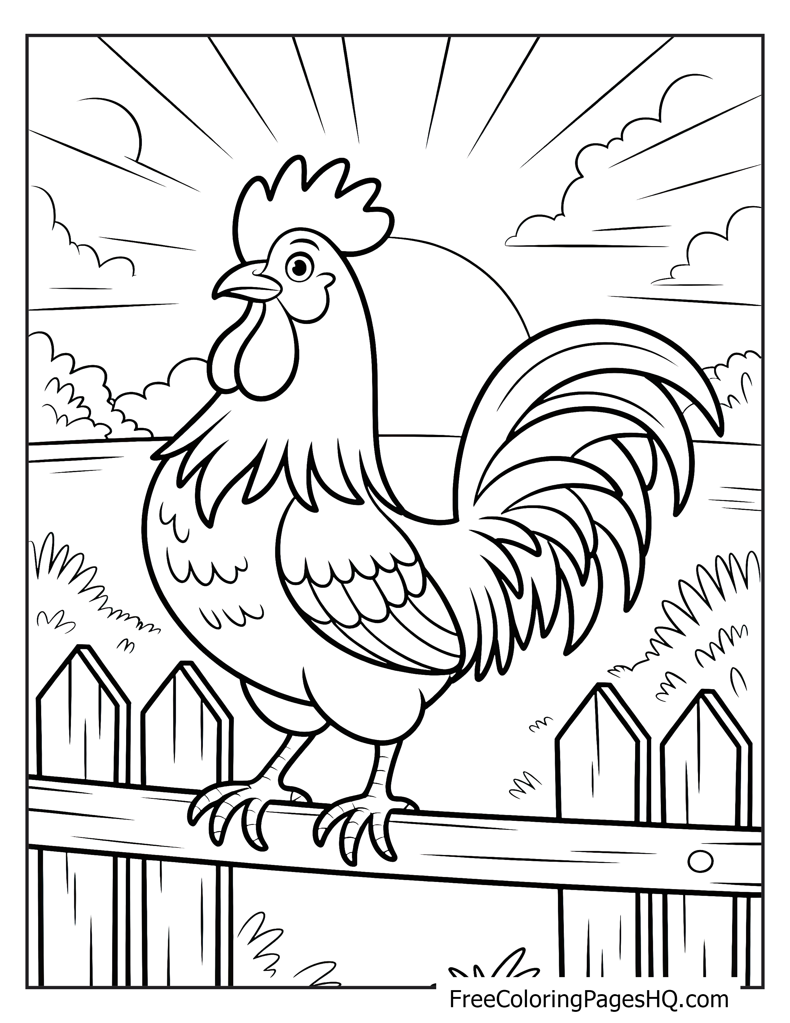 Rooster perched on a fence with a sunrise in the background.