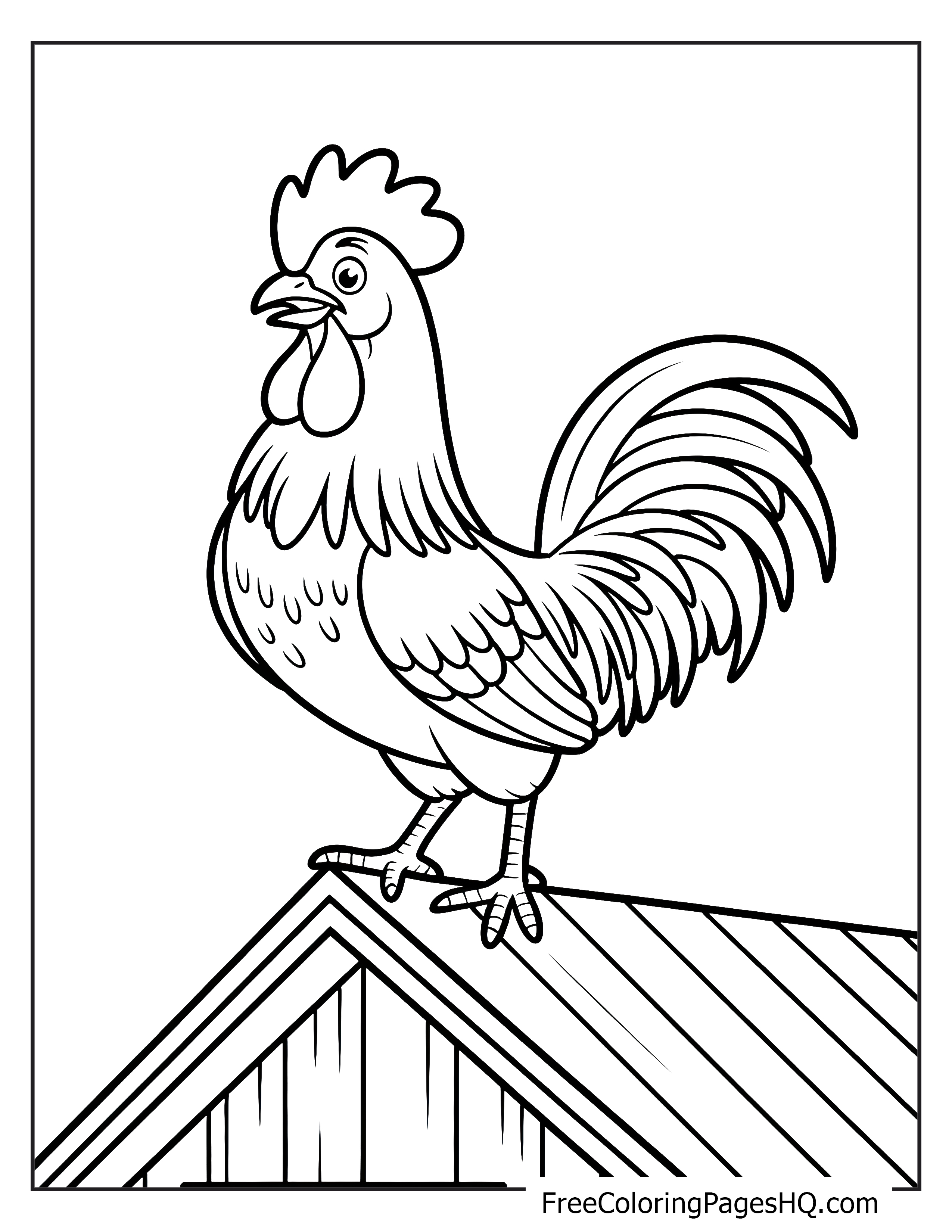 Rooster perched confidently on a barn roof, looking proud and alert.