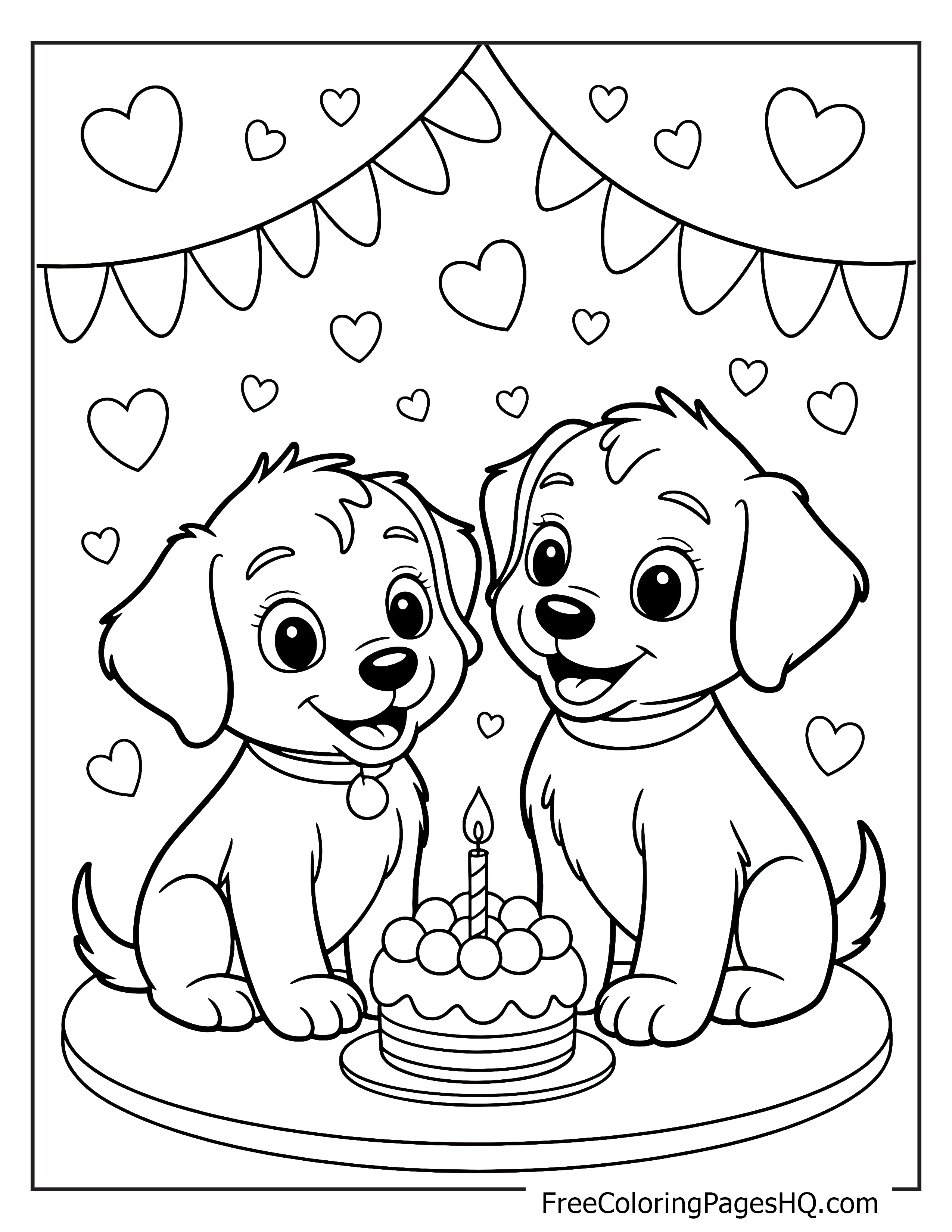 Puppies with cake and hearts illustration for kids.