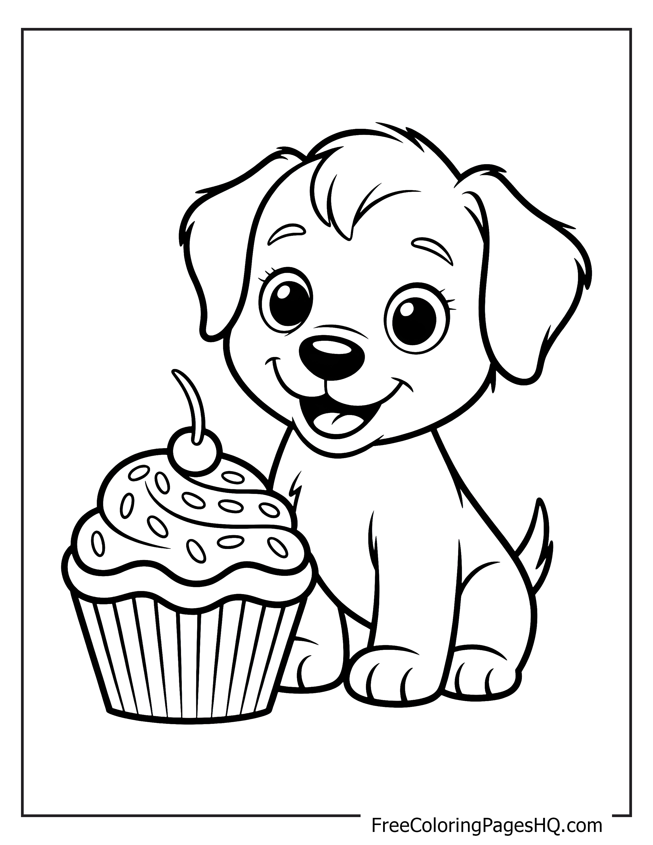 Smiling puppy next to a frosted cupcake with a cherry.