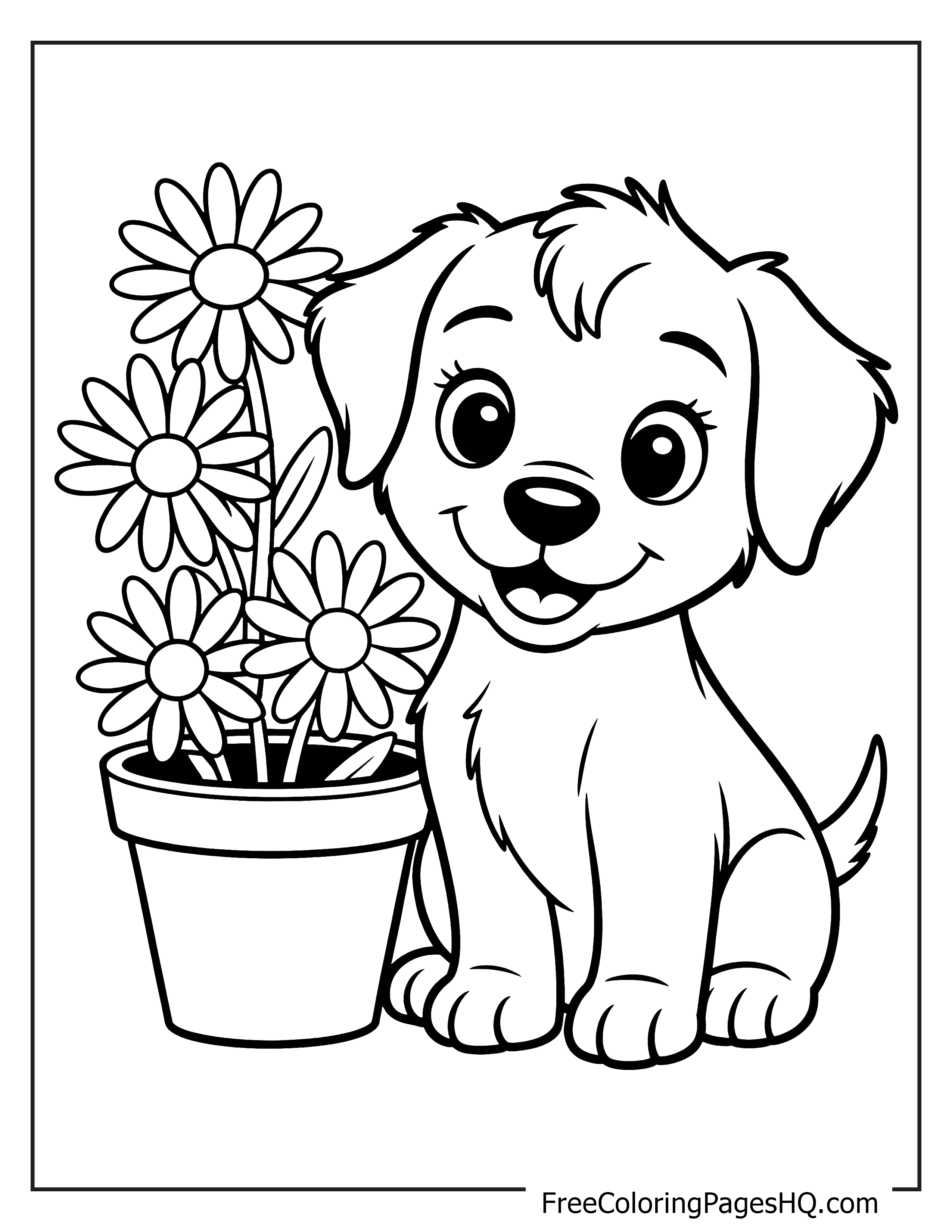 Cute puppy with a flower pot illustration.
