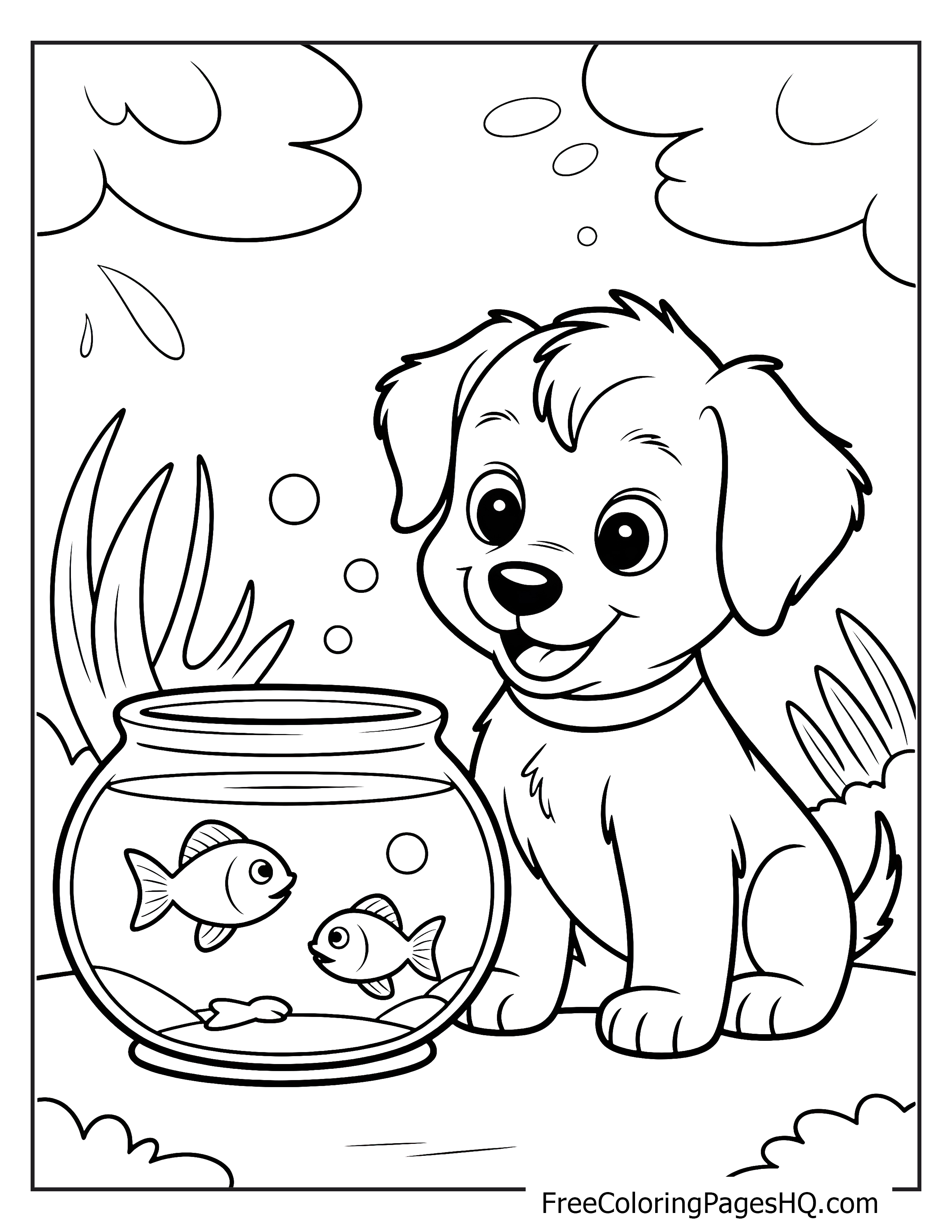 Cute puppy watching fish in a bowl illustration.