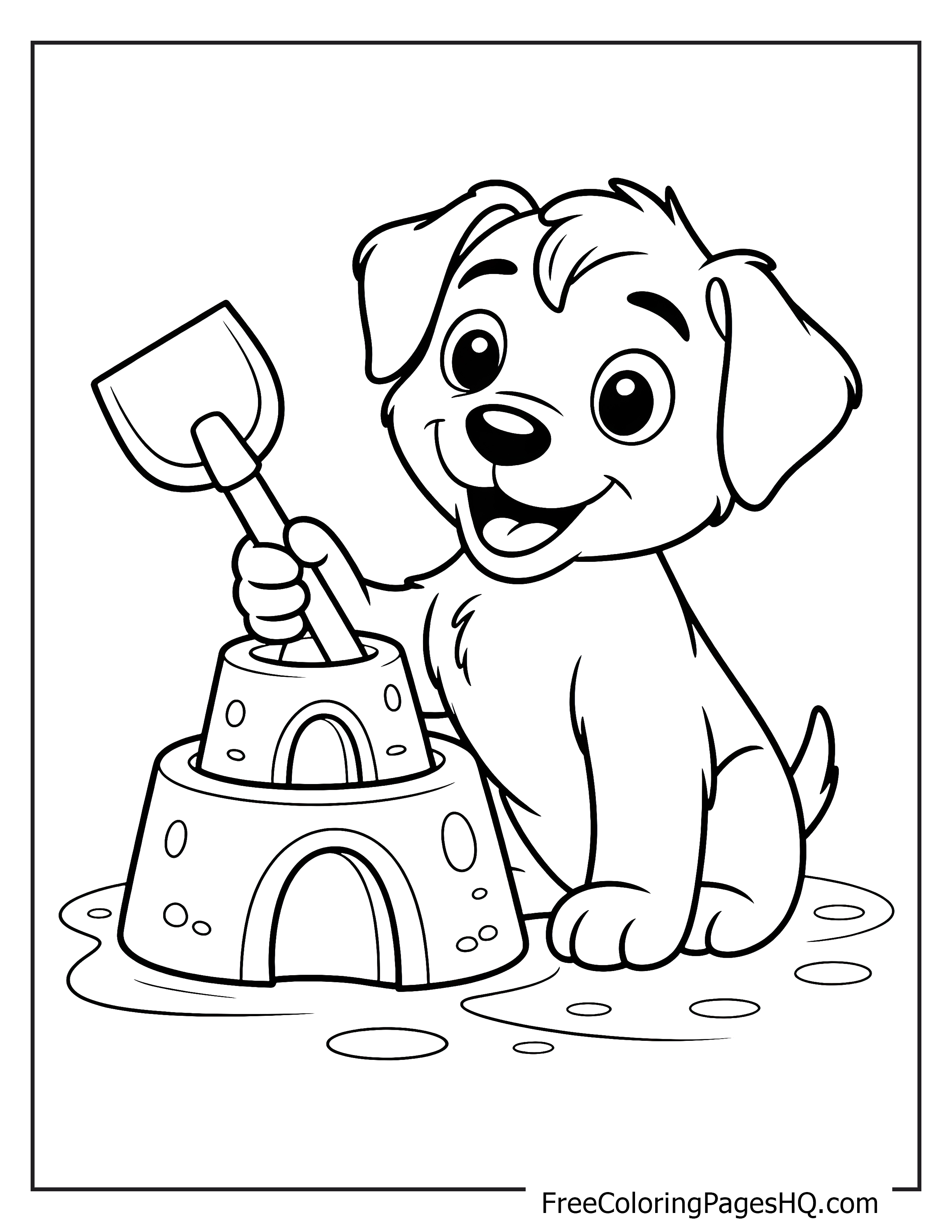 Puppy with a shovel making a sandcastle at the beach.