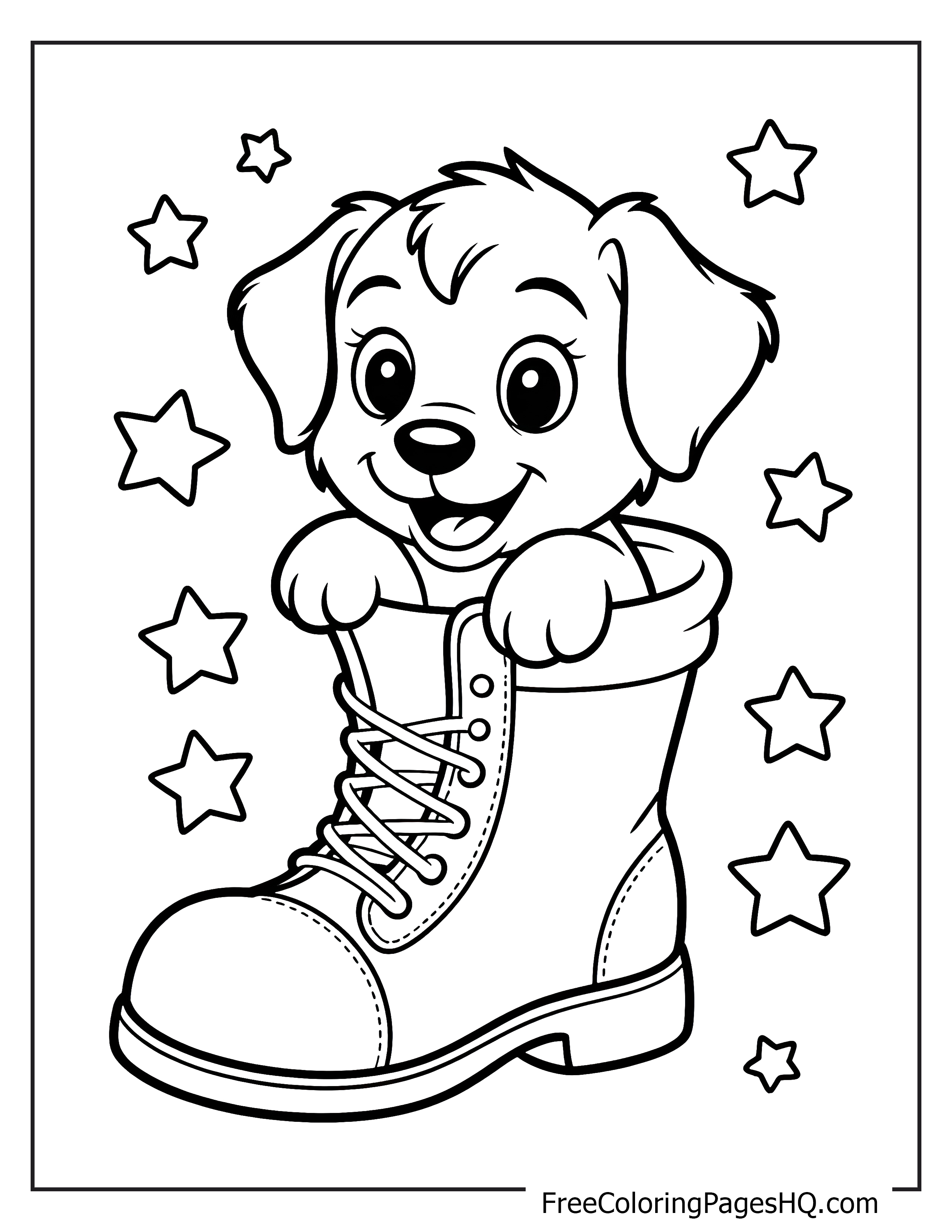 Adorable puppy in a boot with surrounding stars.