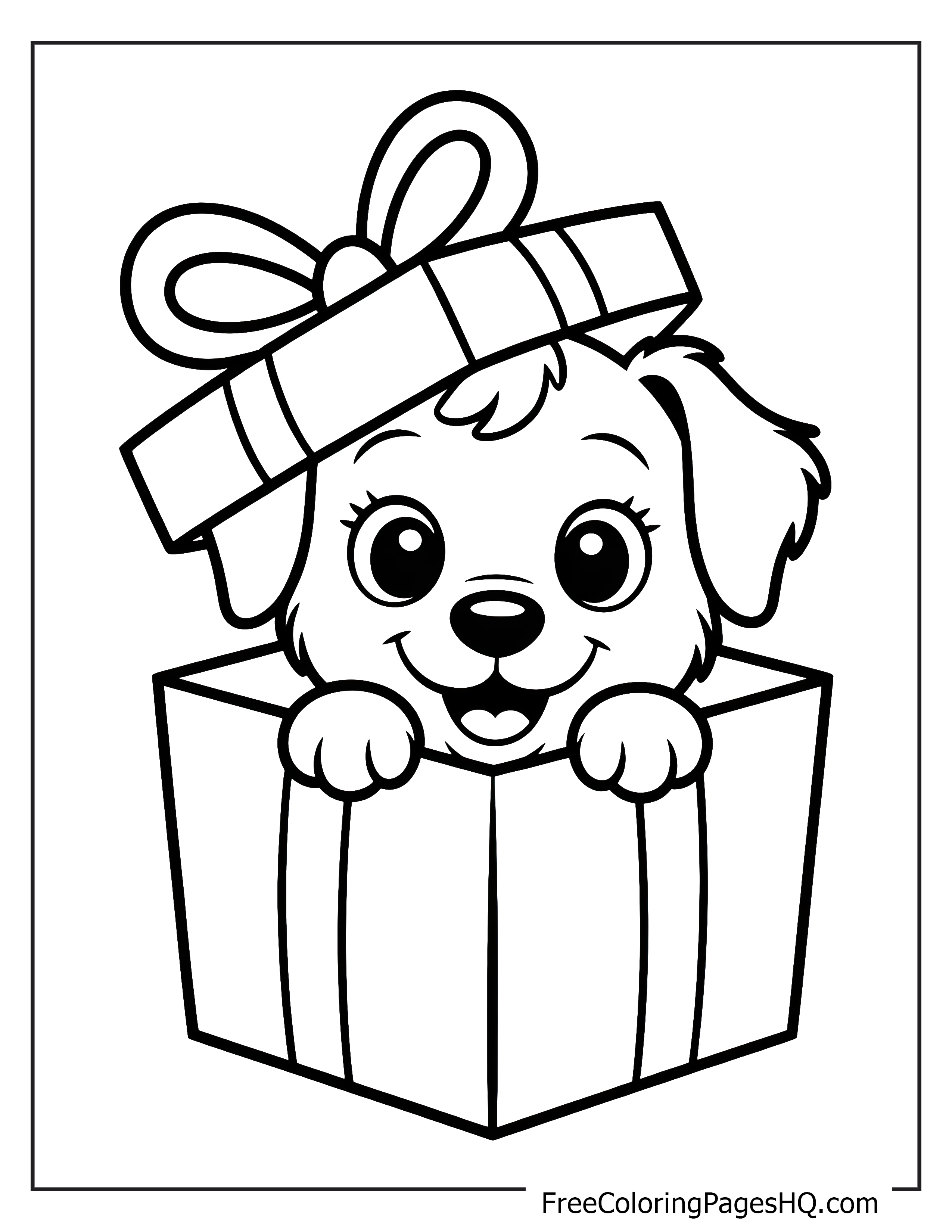 Adorable puppy peeking from a gift box illustration.