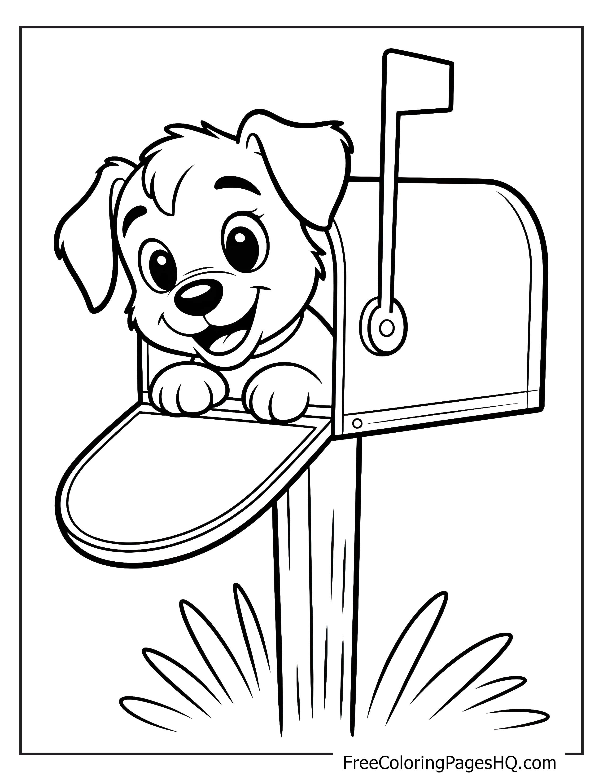 Adorable puppy playfully peeking from a mailbox.