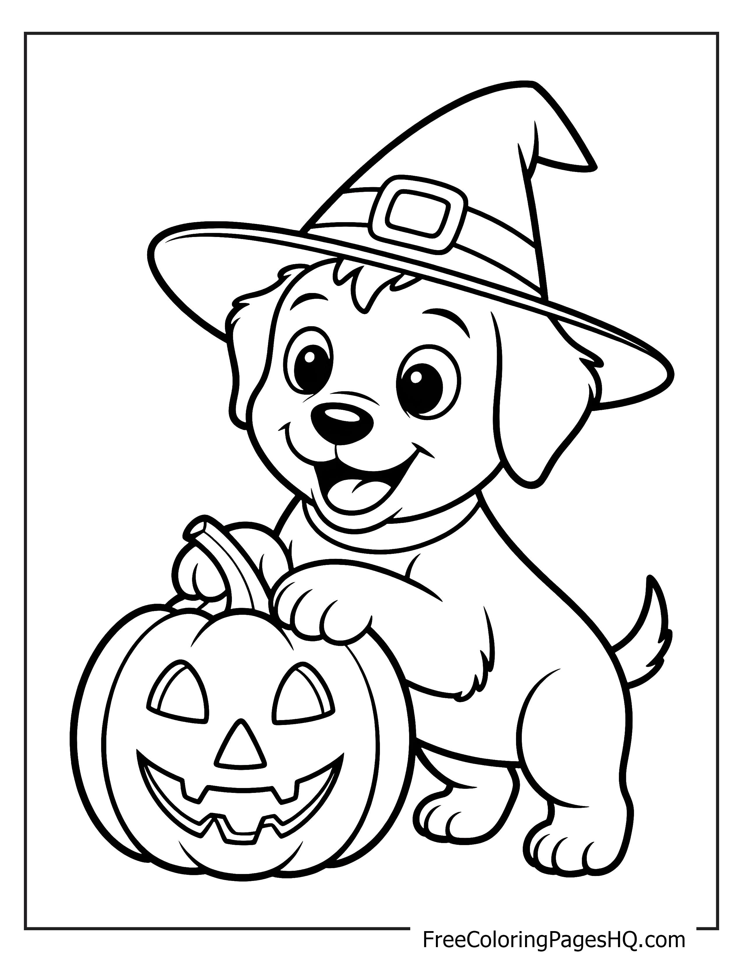 Adorable puppy playing with a jack-o'-lantern.