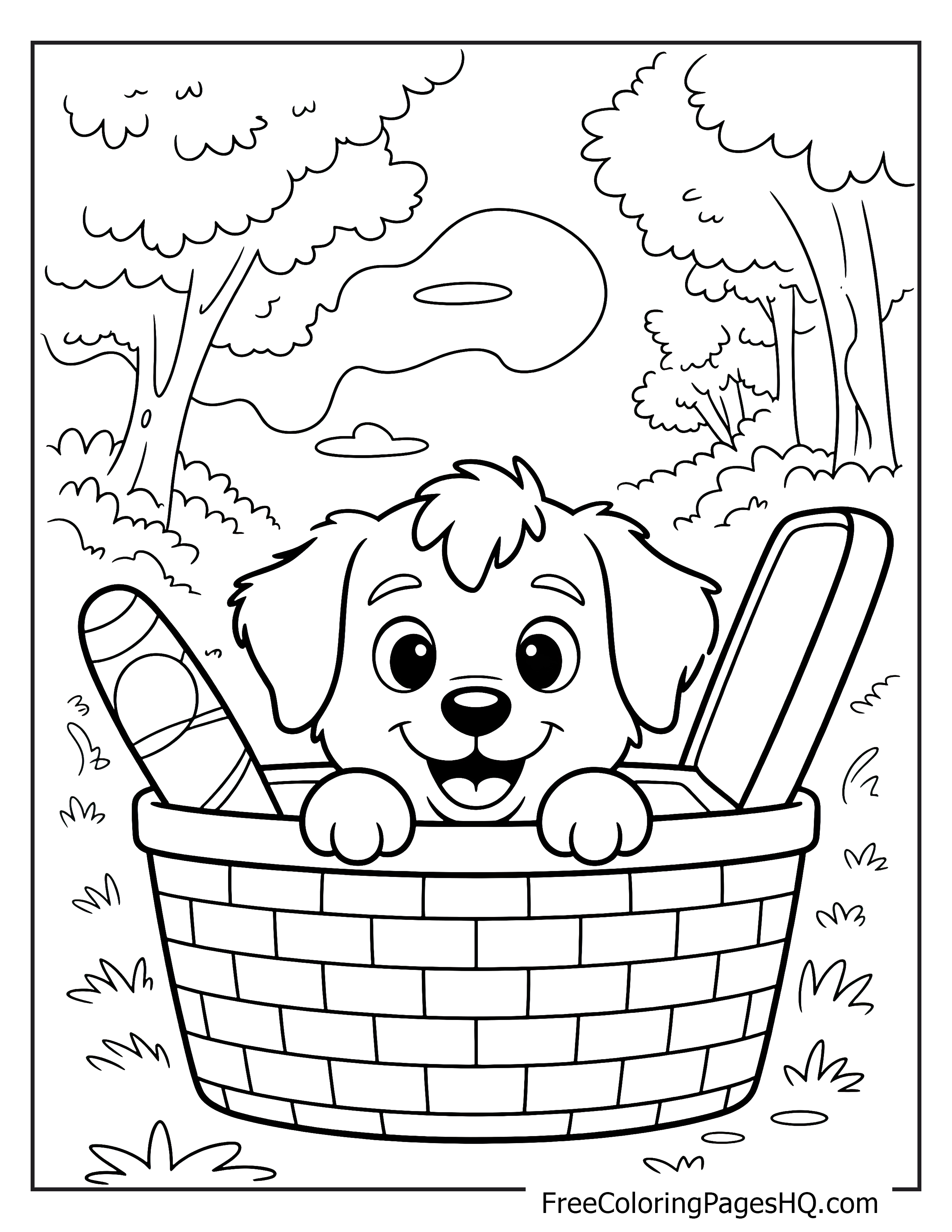 Cute puppy in a basket surrounded by trees.