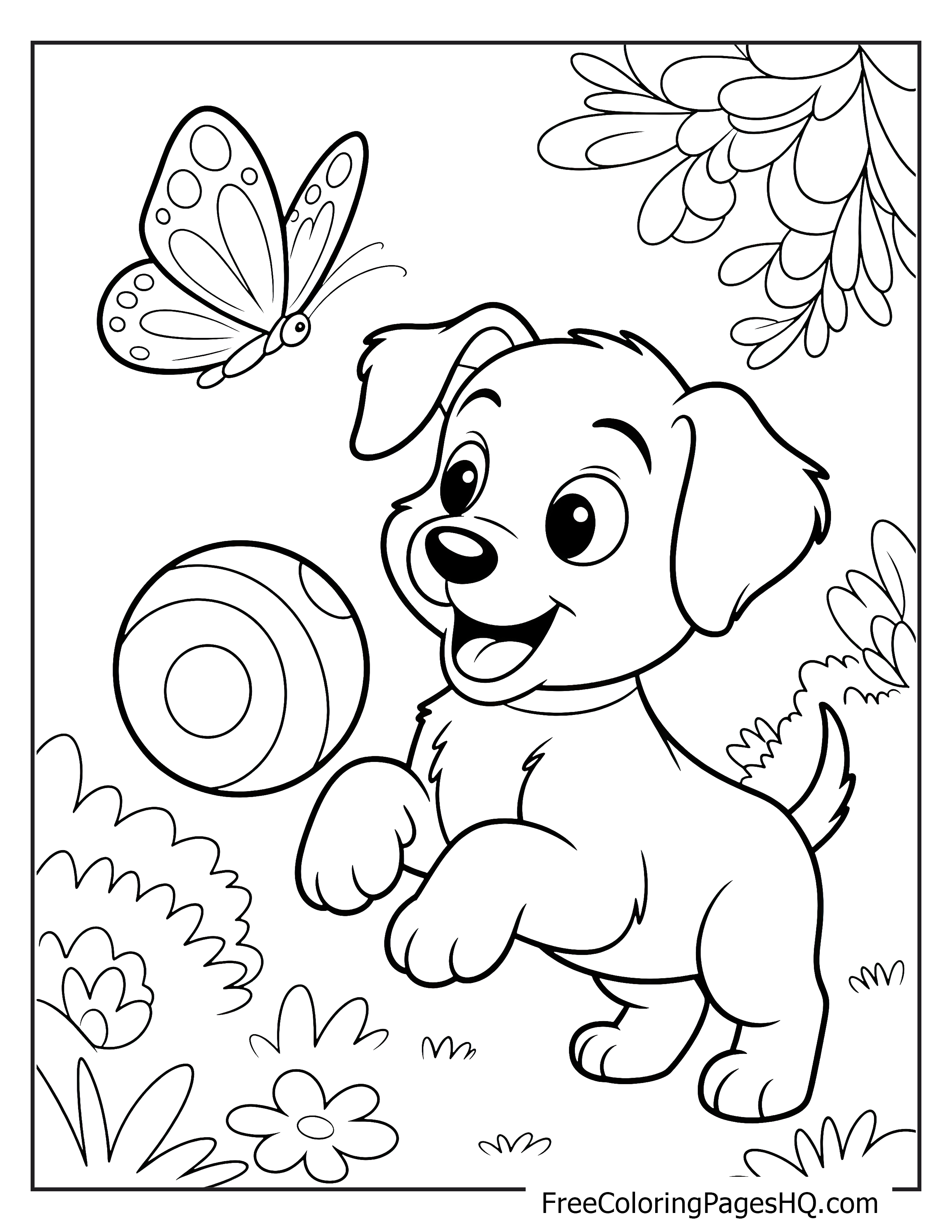 Happy puppy with a ball and butterfly in the garden.