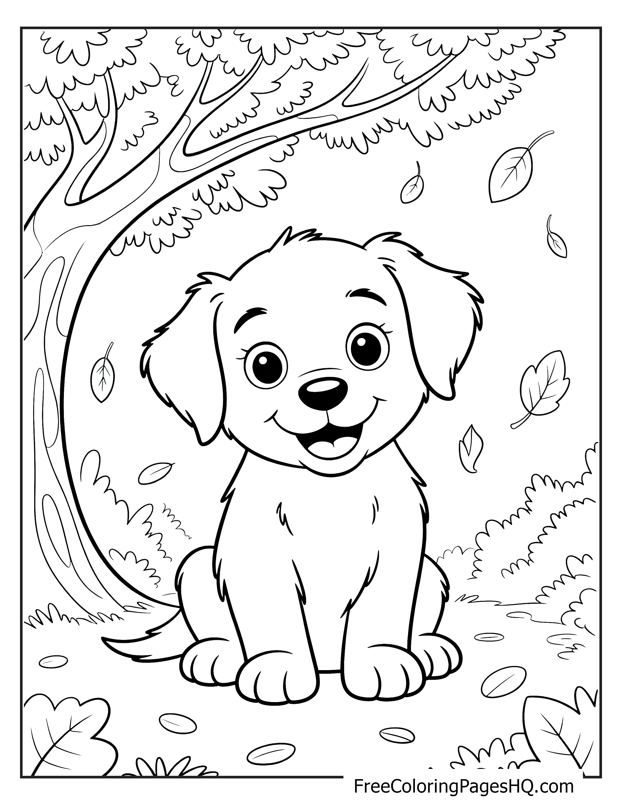 Cute puppy in the forest with falling leaves.