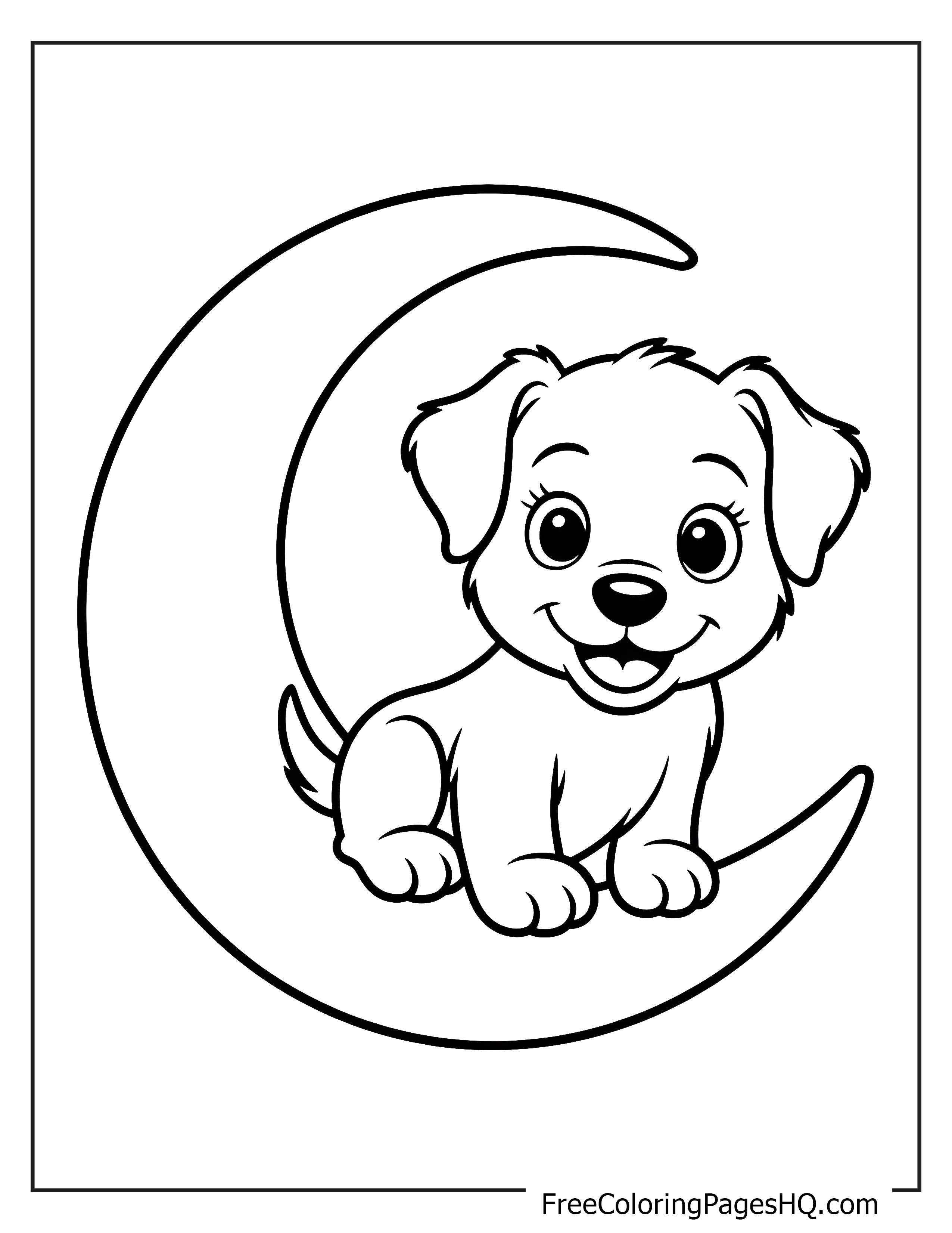 Cheerful puppy sitting on a crescent moon illustration.
