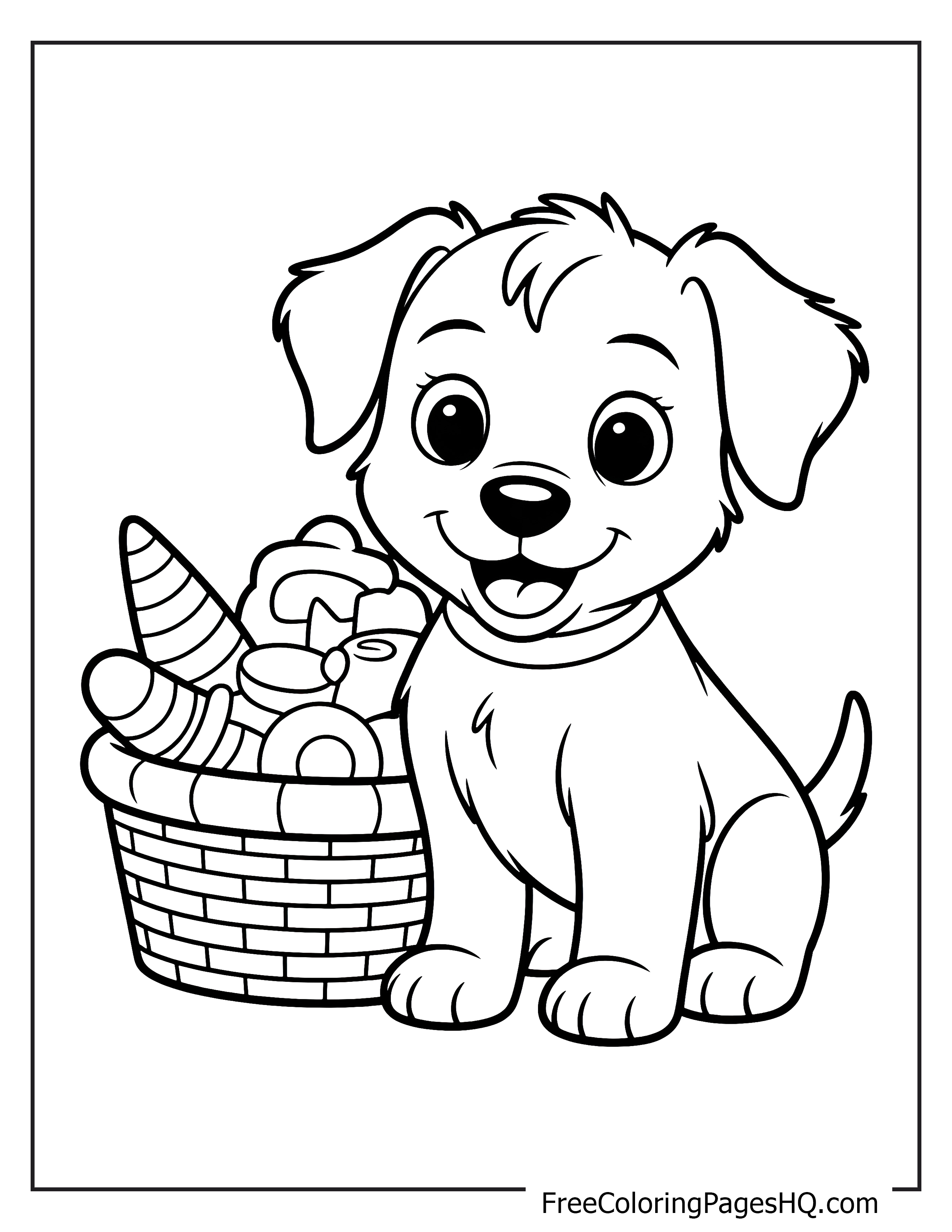 Cute puppy and treat-filled basket illustration for kids.