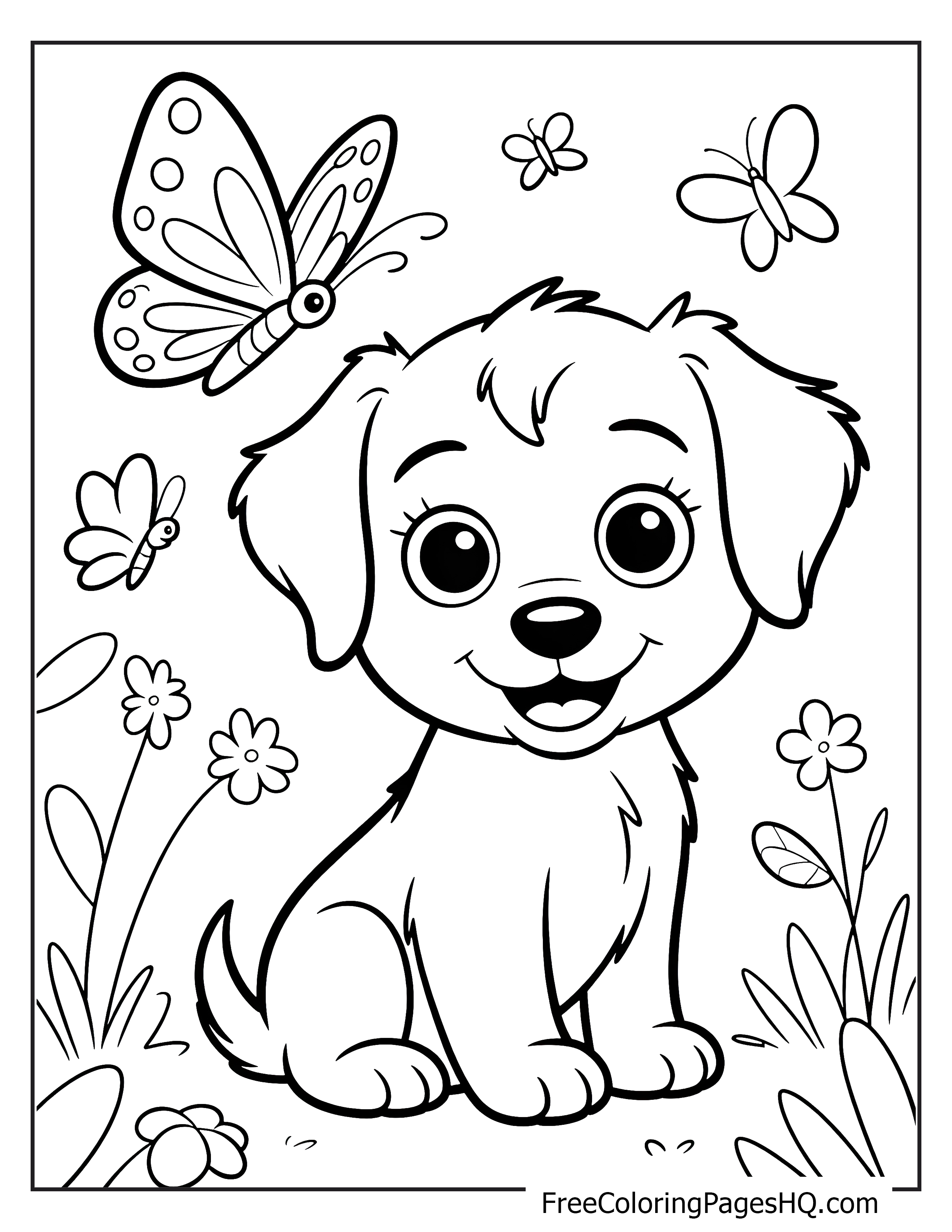 Adorable puppy with butterflies and garden flowers.