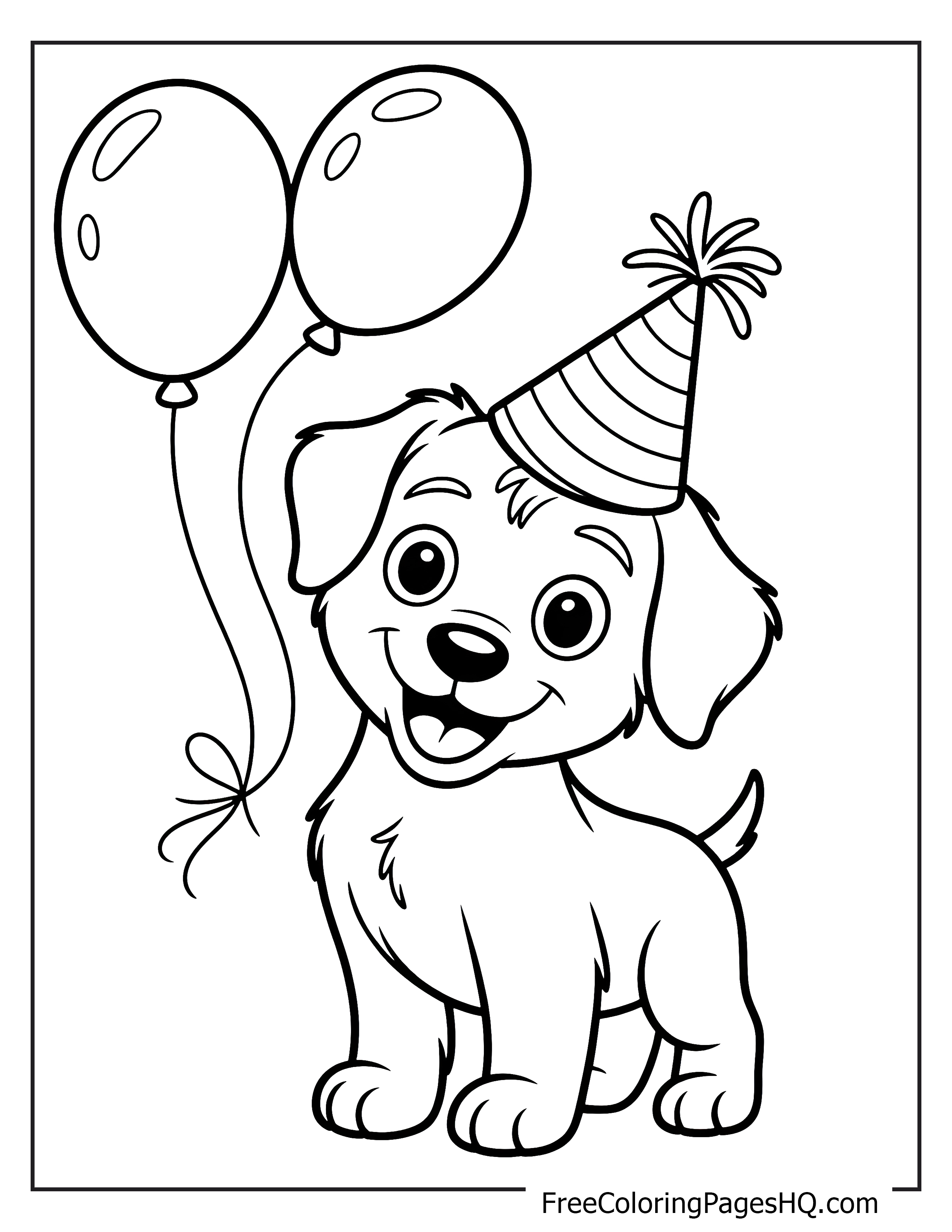 Adorable puppy in a party hat with balloons.