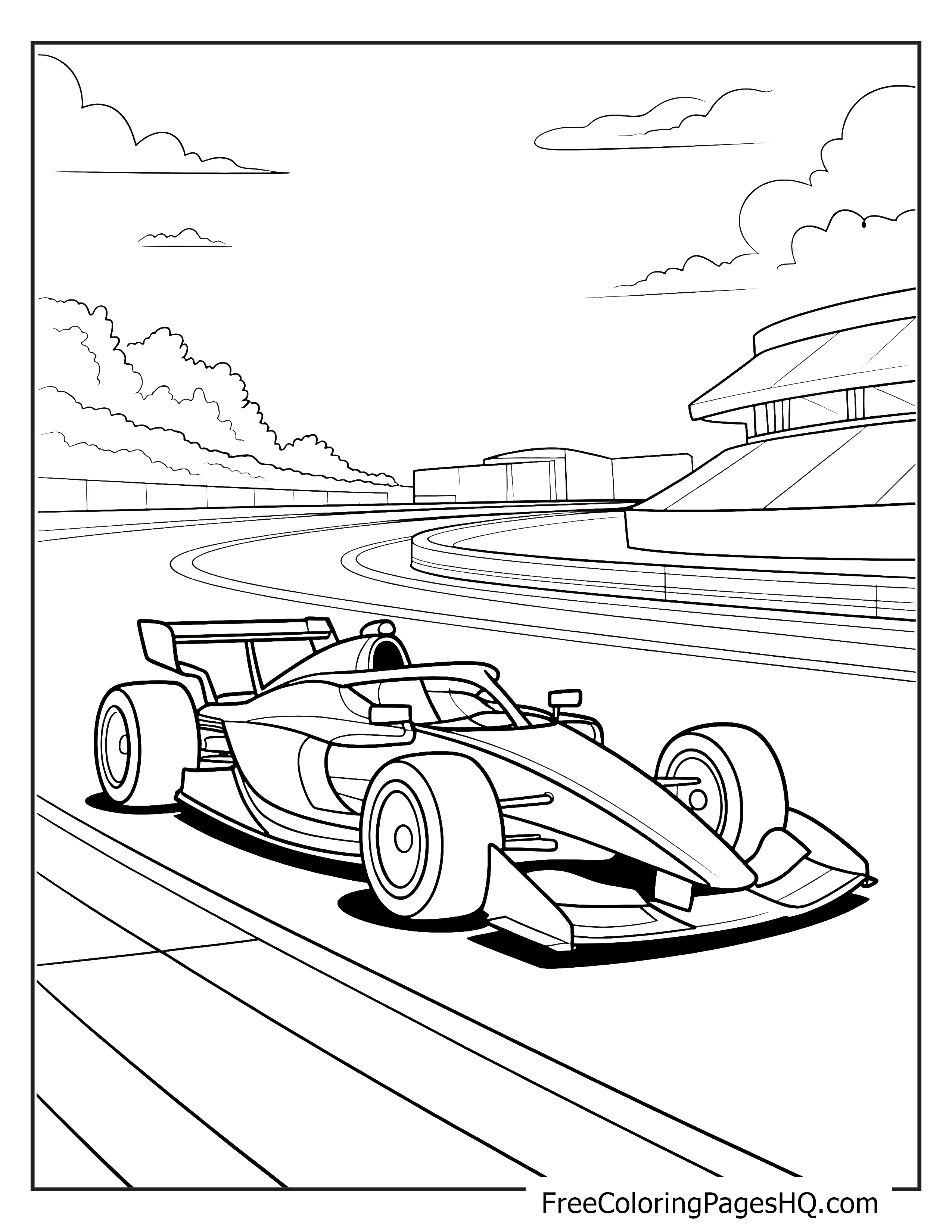 Race car racing on a track with clouds in background.