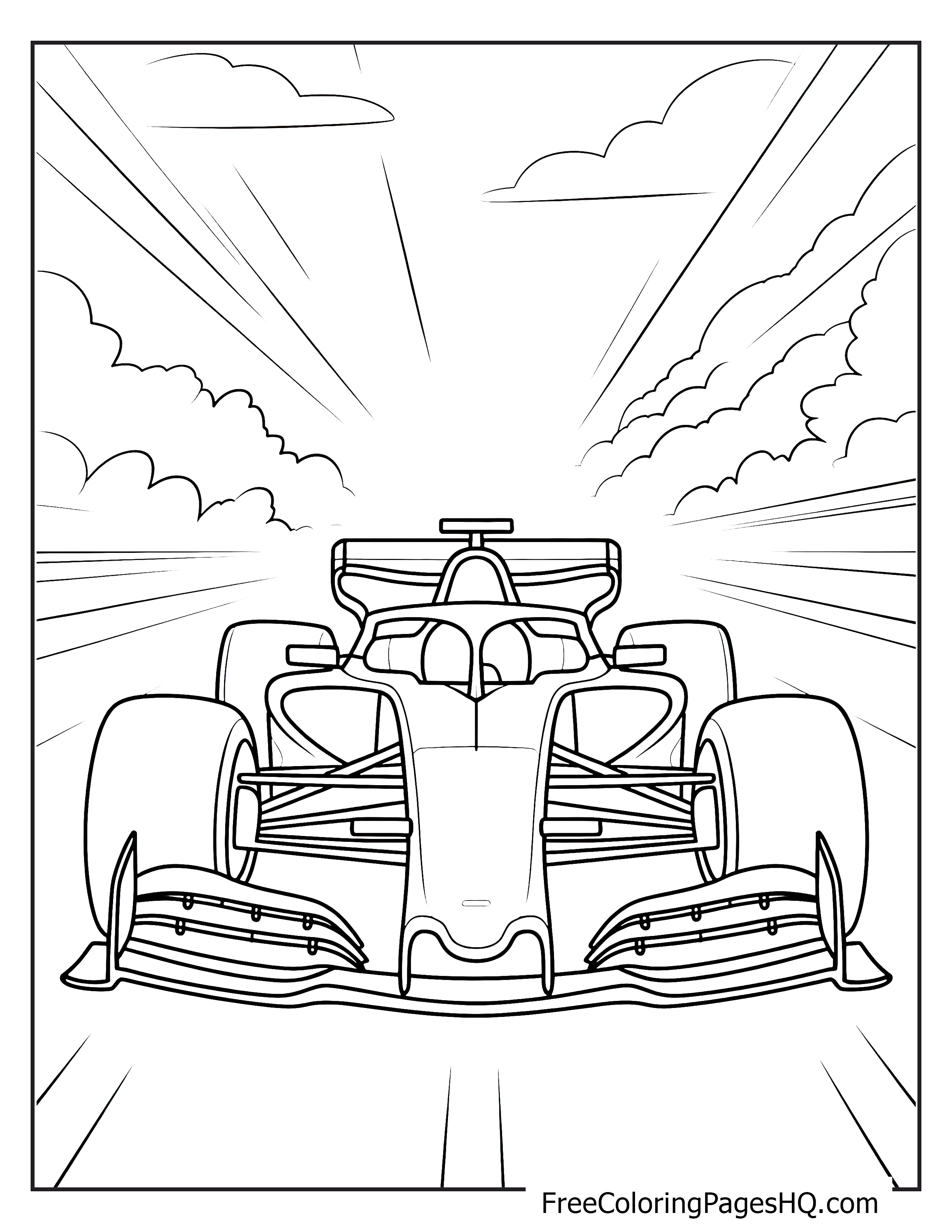 Illustration of a fast race car with speed lines and clouds.