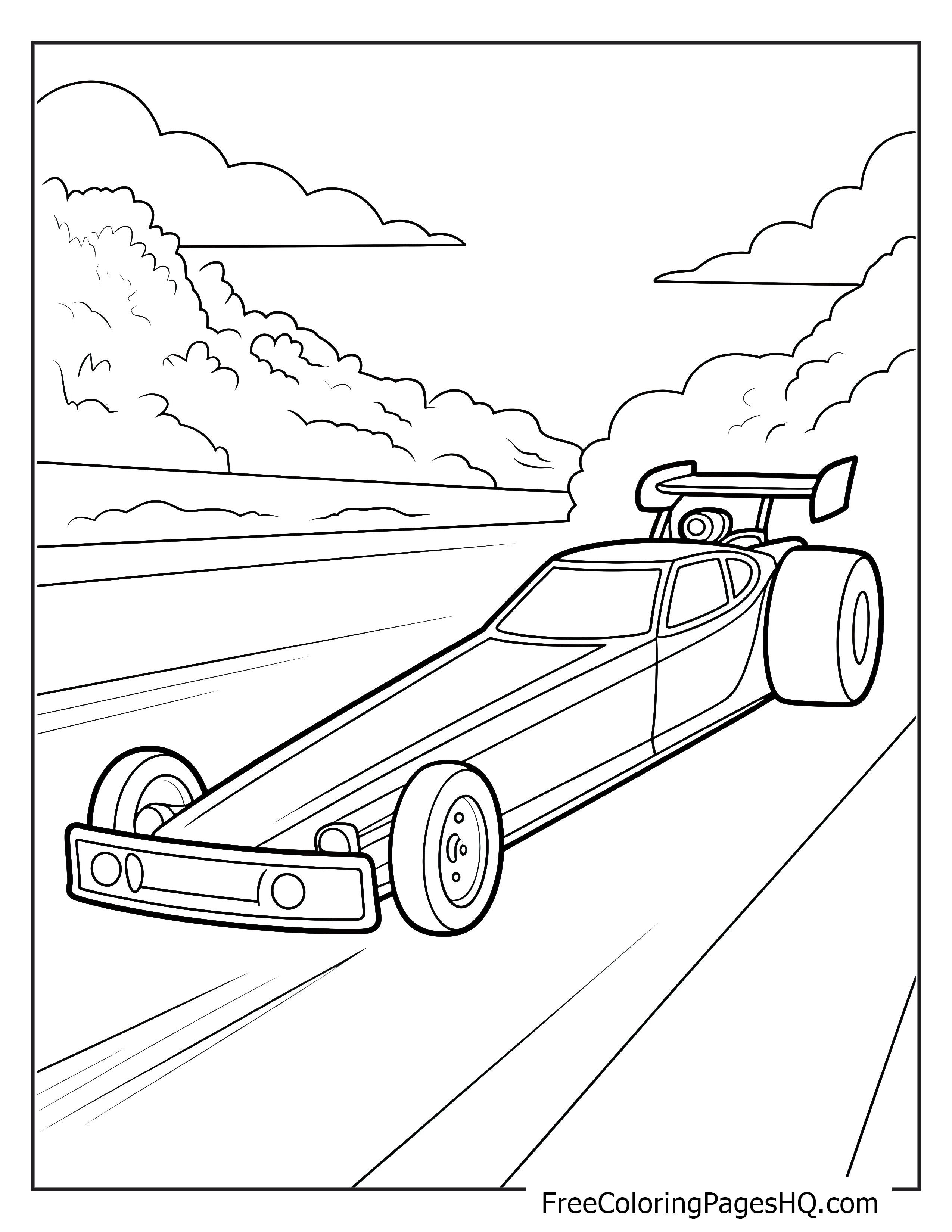 Sleek race car driving fast with clouds overhead.