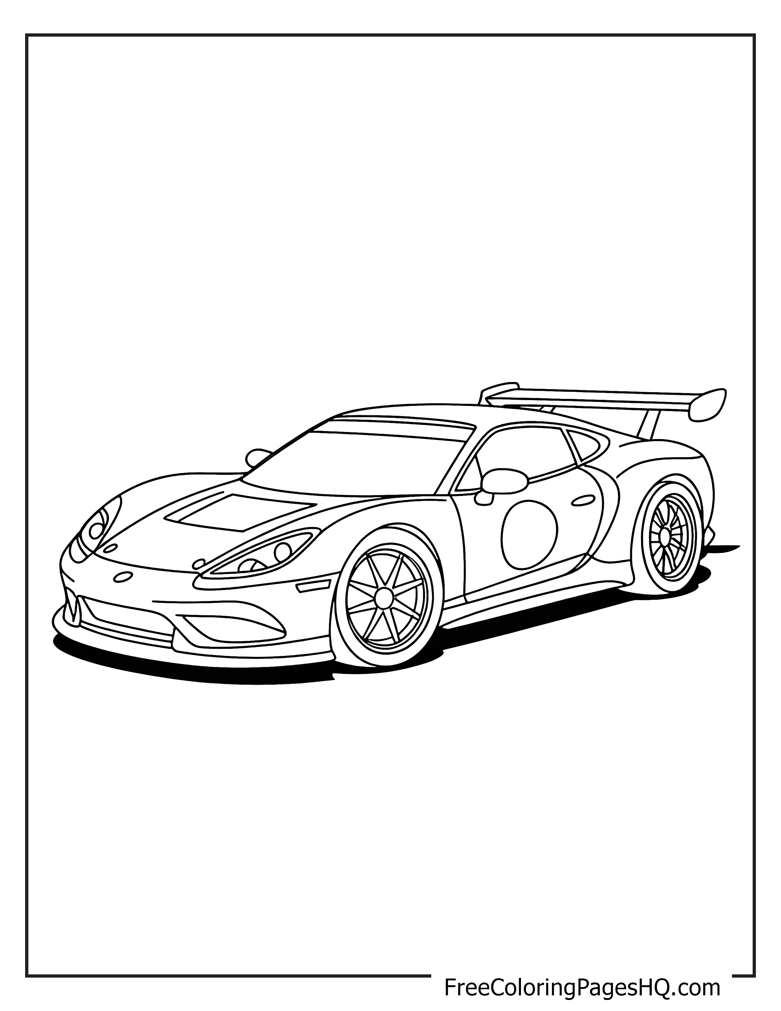Line drawing of a sporty racing car with a spoiler.