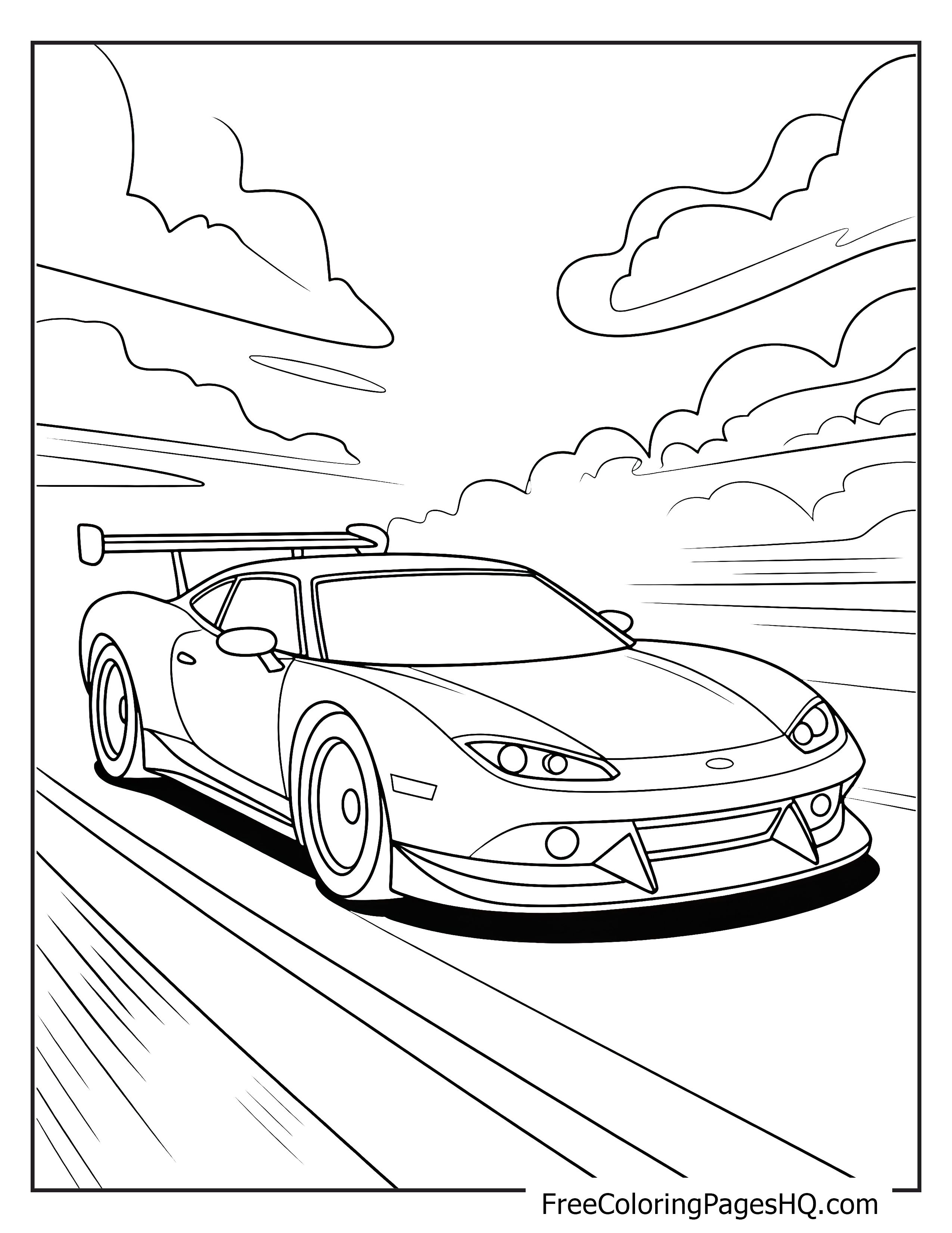 Fast car driving on a road in a line art style.