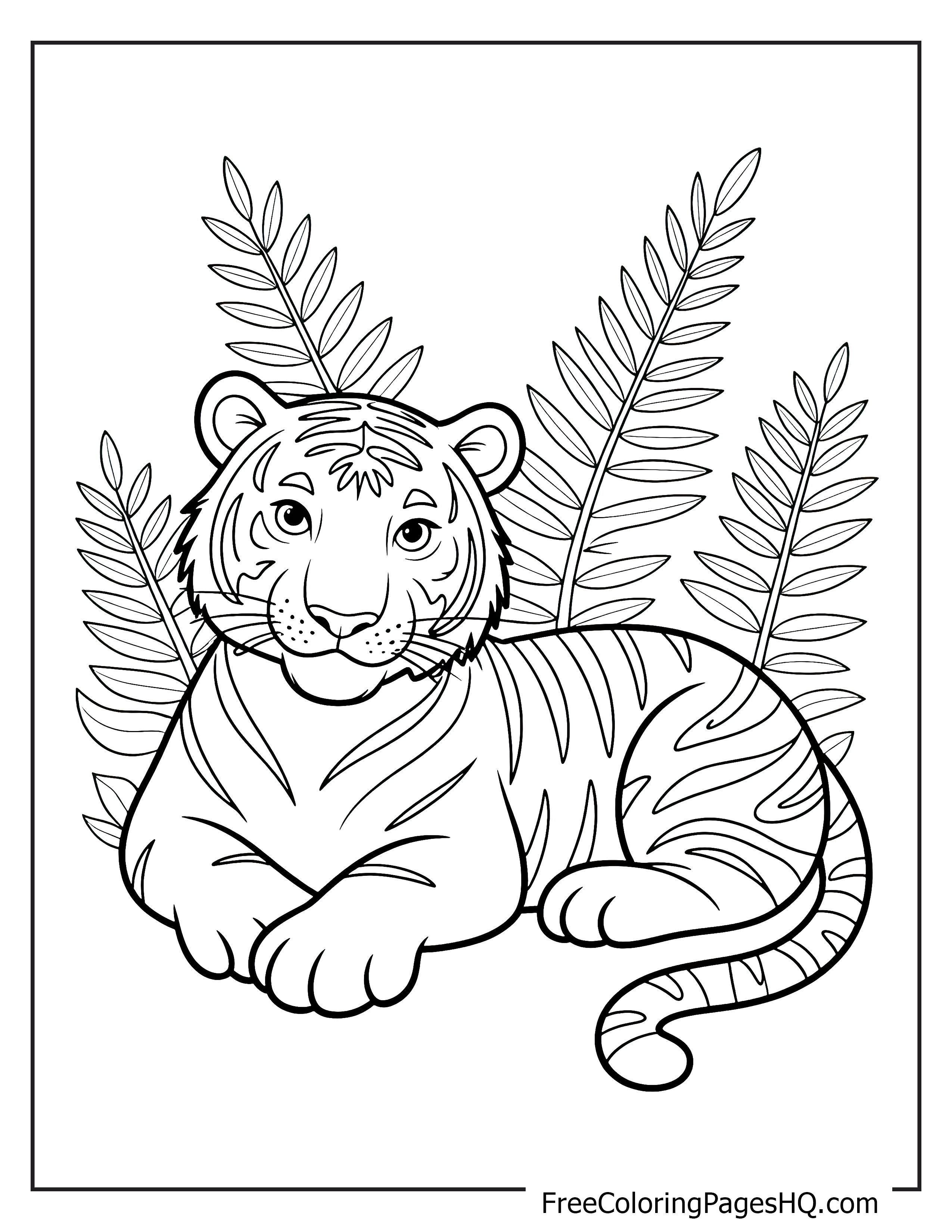 A calm tiger resting amid tall jungle ferns.