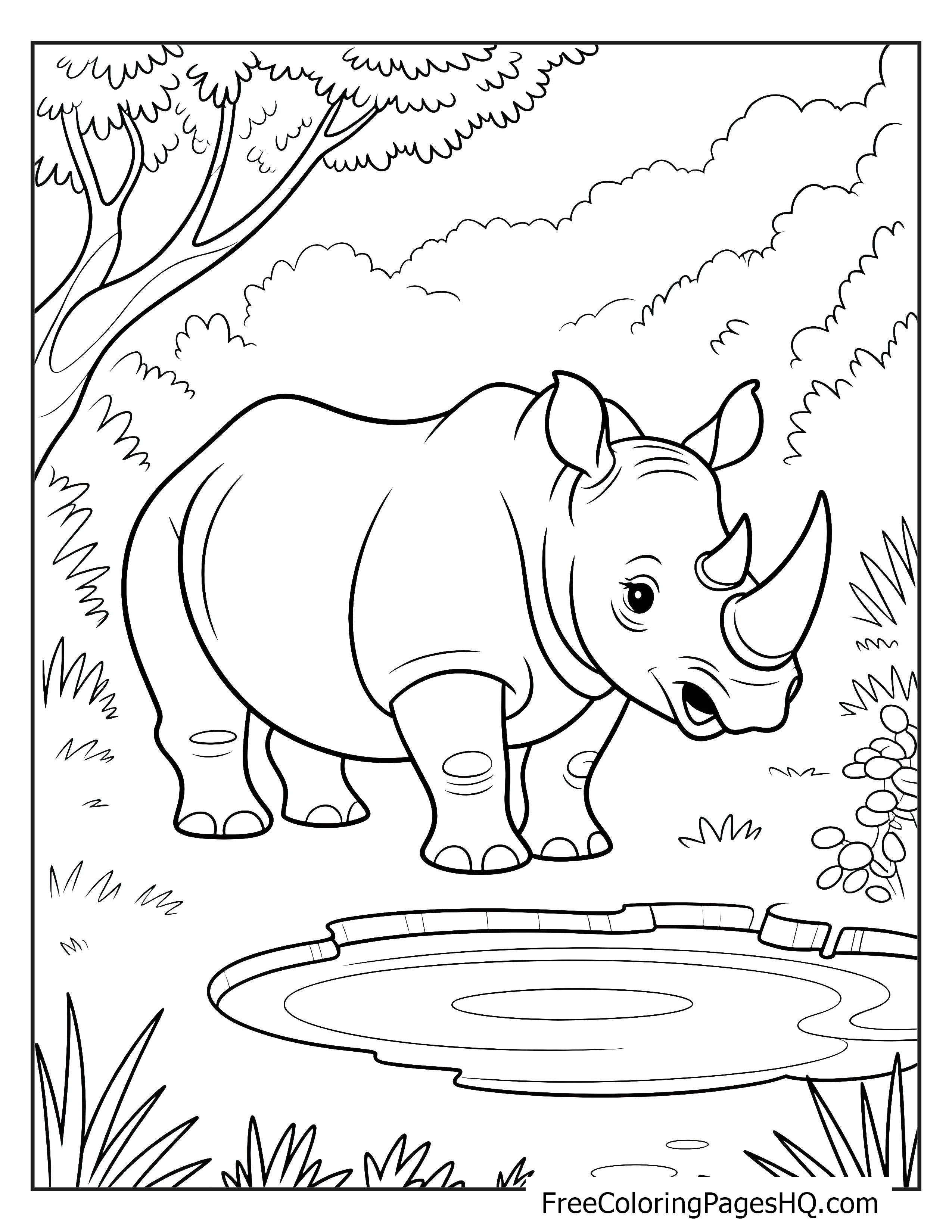 A rhino beside a small watering hole in a grassy area with trees.