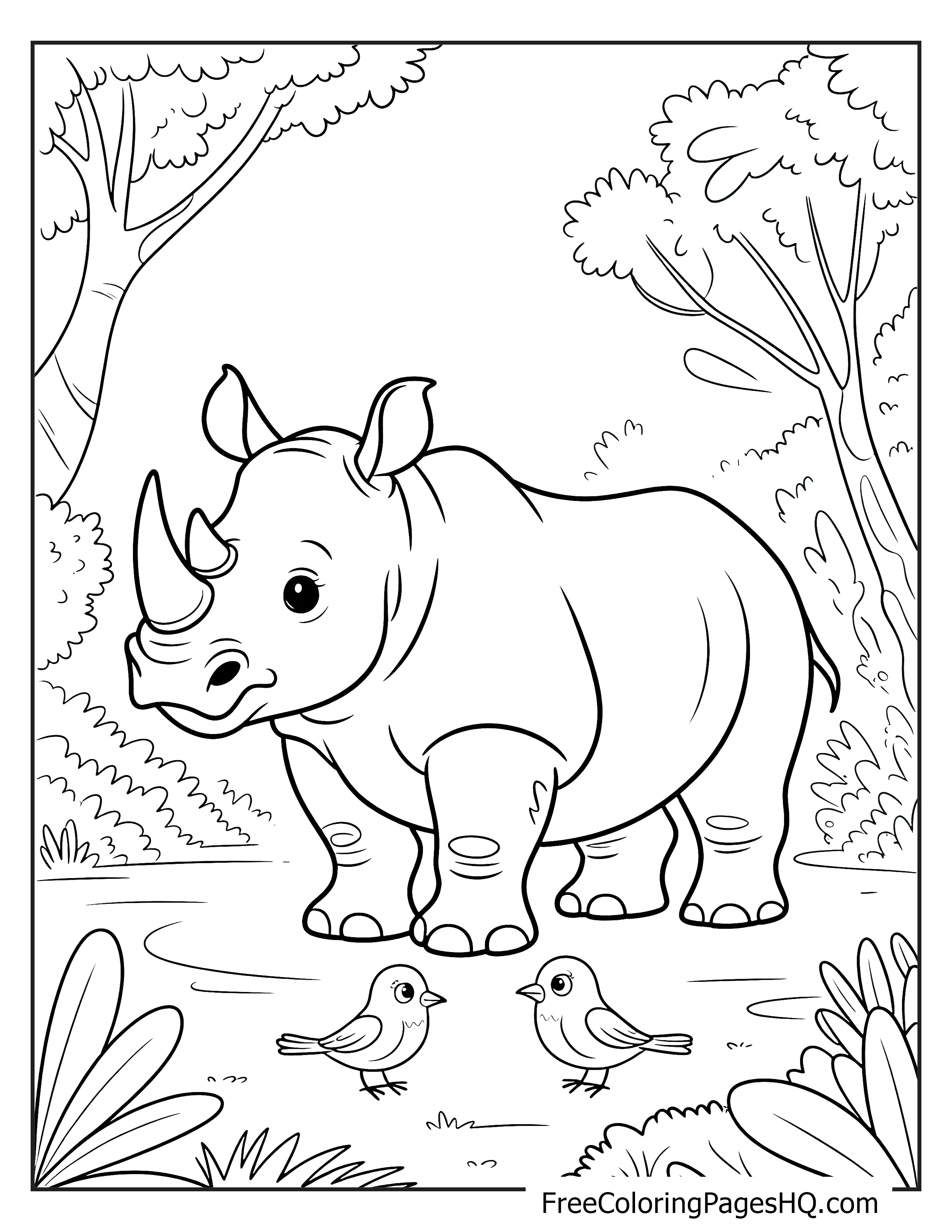 Rhino in a jungle with two birds nearby.