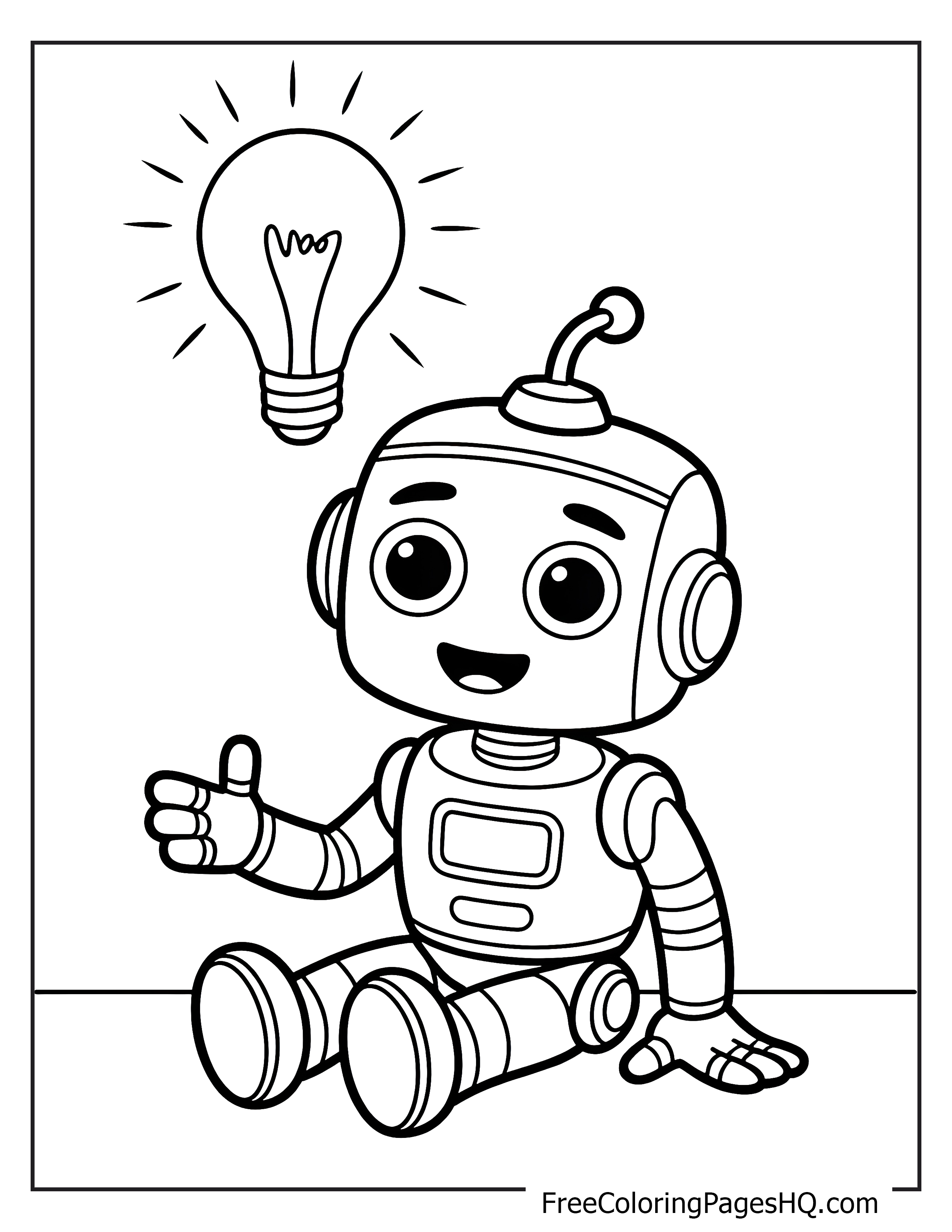 A happy robot sits on the floor, smiling with a light bulb shining above.