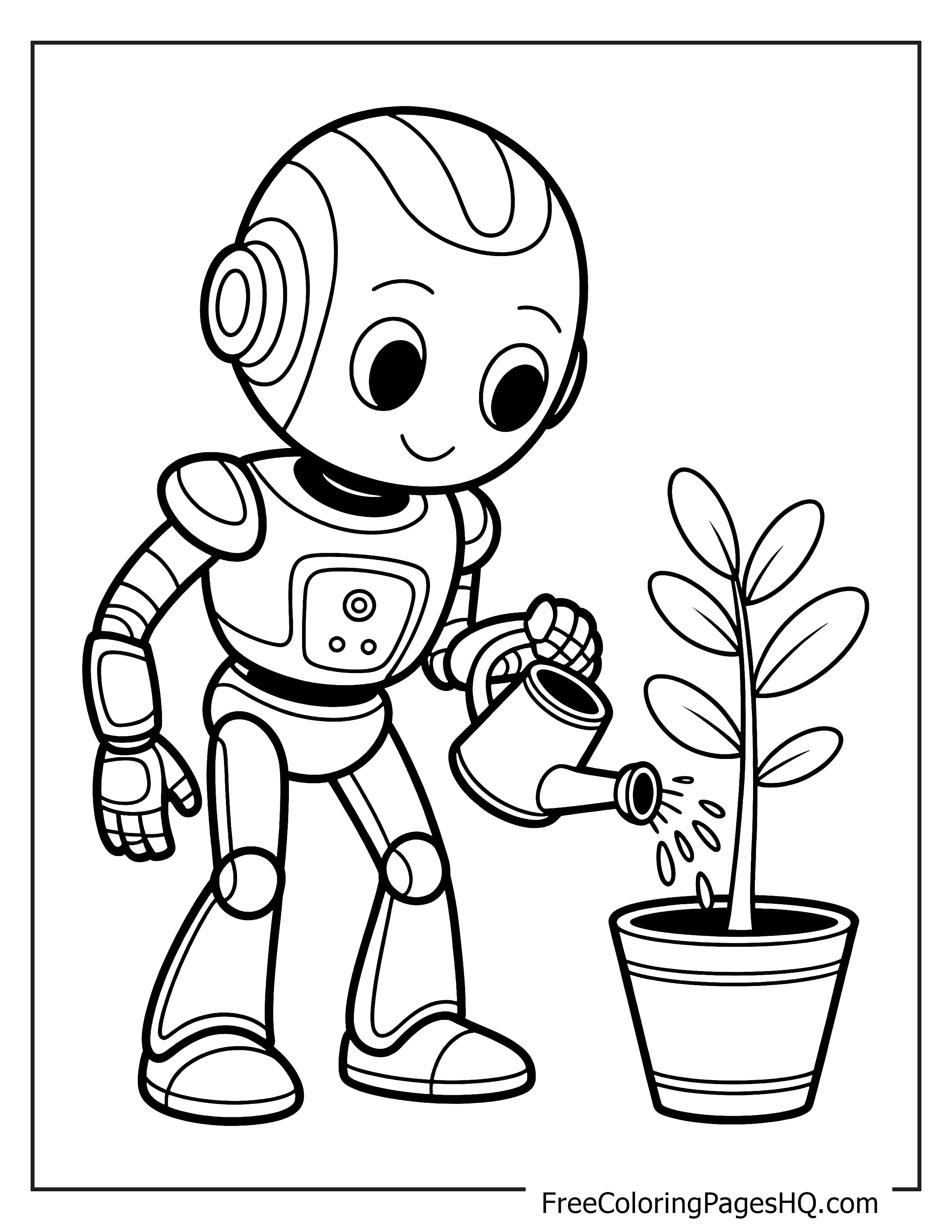 A smiling robot waters a plant with a watering can.