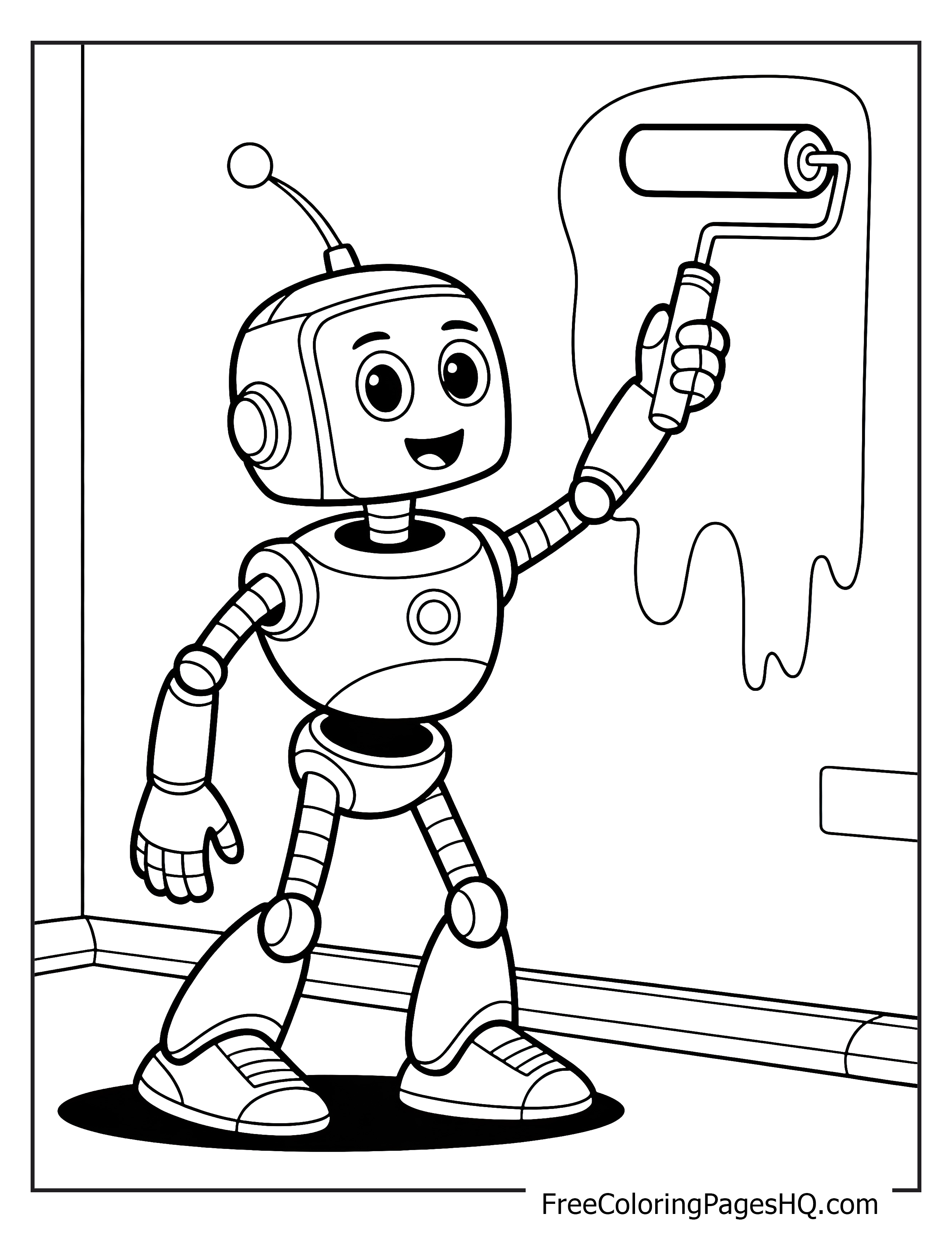 A happy robot using a paint roller on a wall.