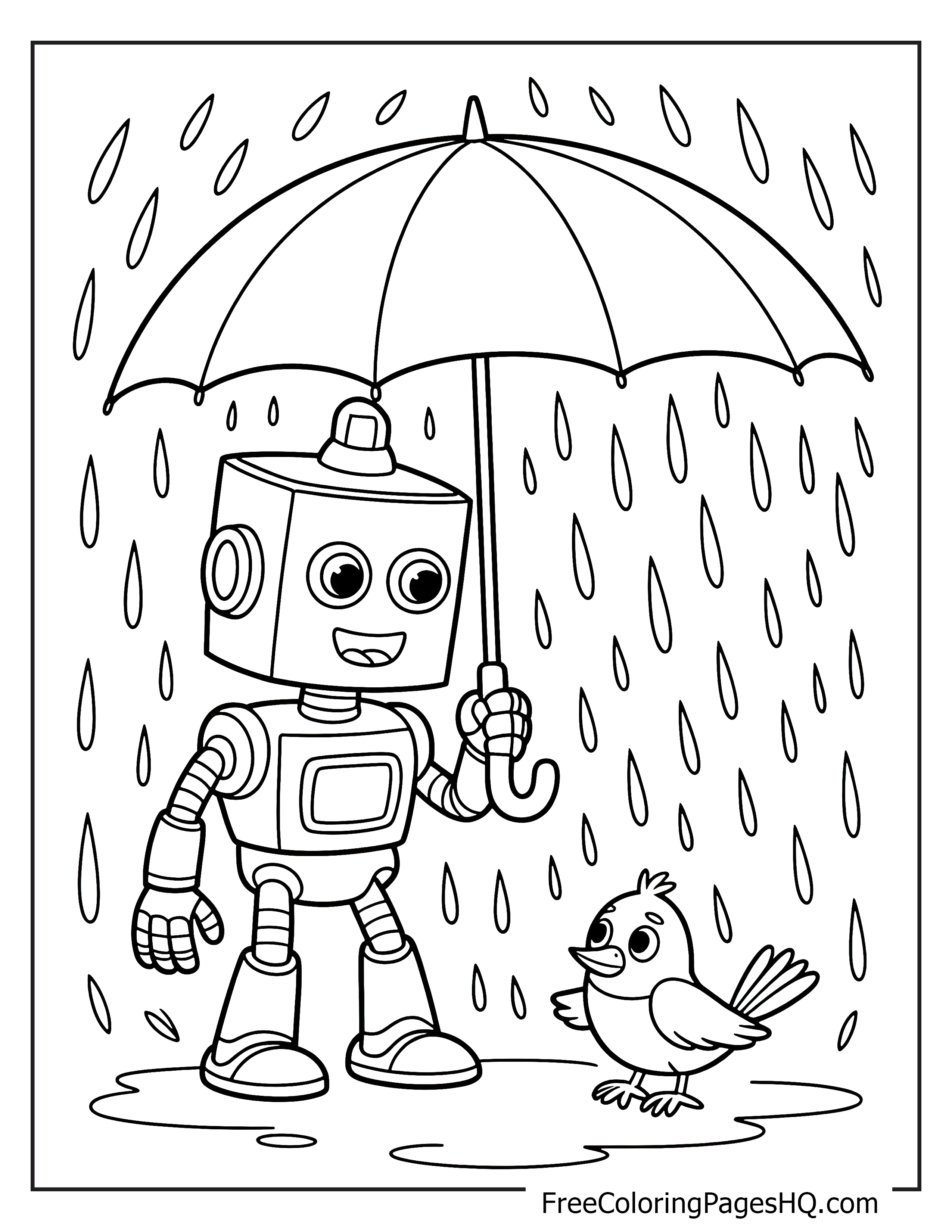 Robot holding an umbrella over a bird standing in the rain.
