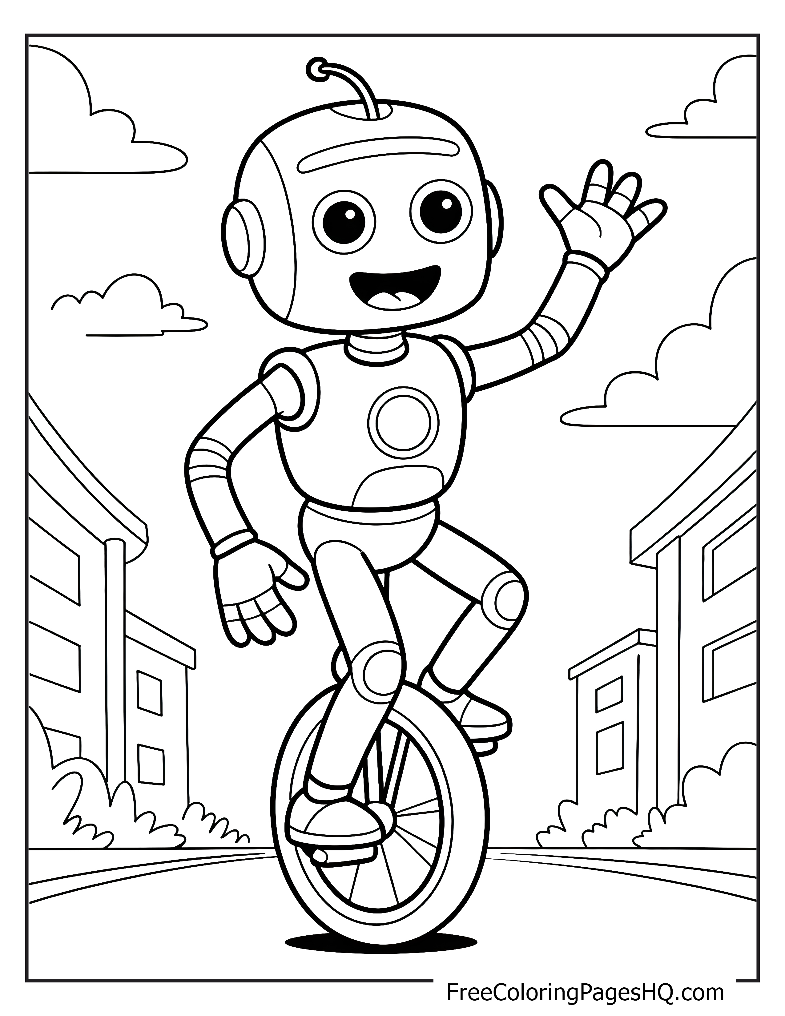 A friendly robot on a unicycle waves in a town setting with buildings and clouds.
