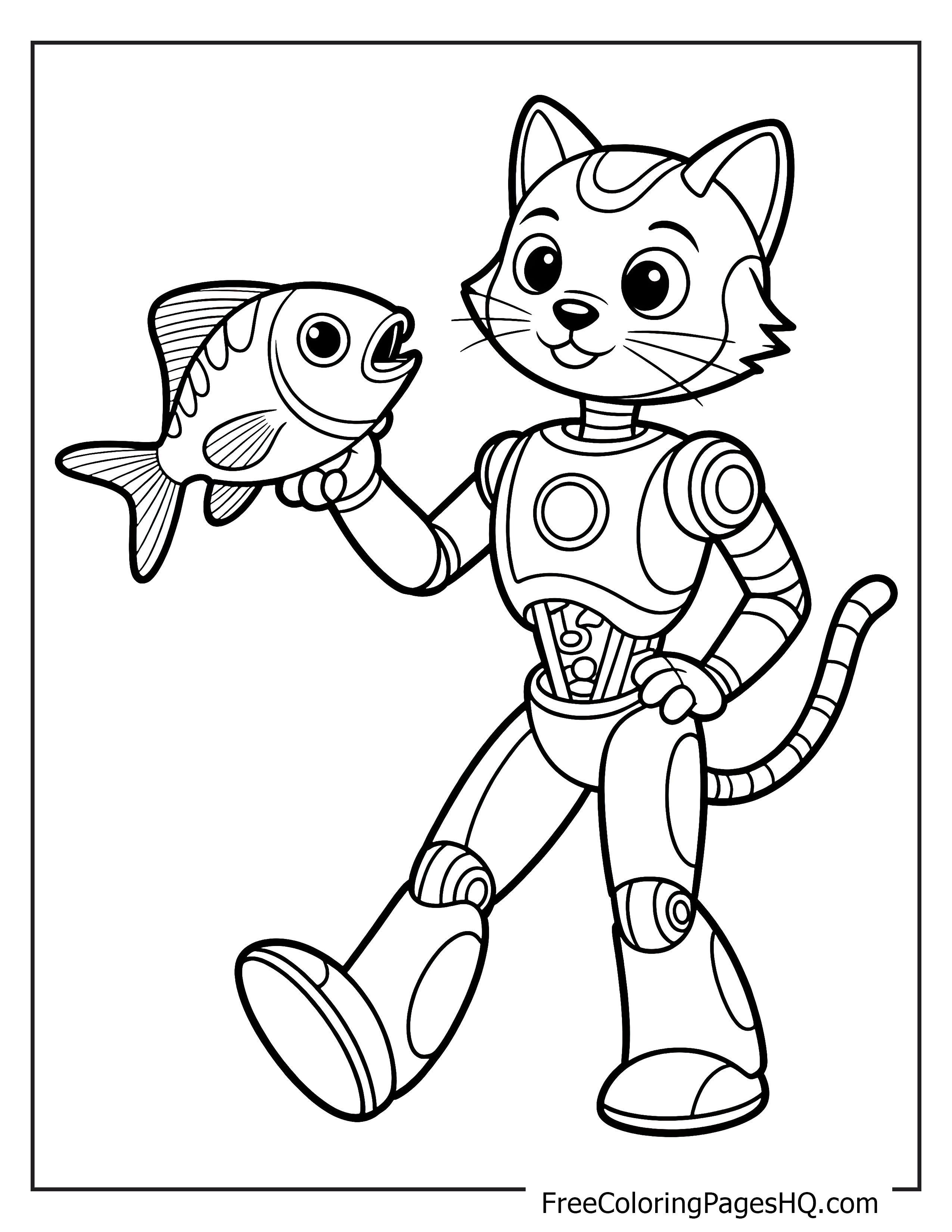 A robotic cat standing and holding a fish in its hand, looking cheerful.
