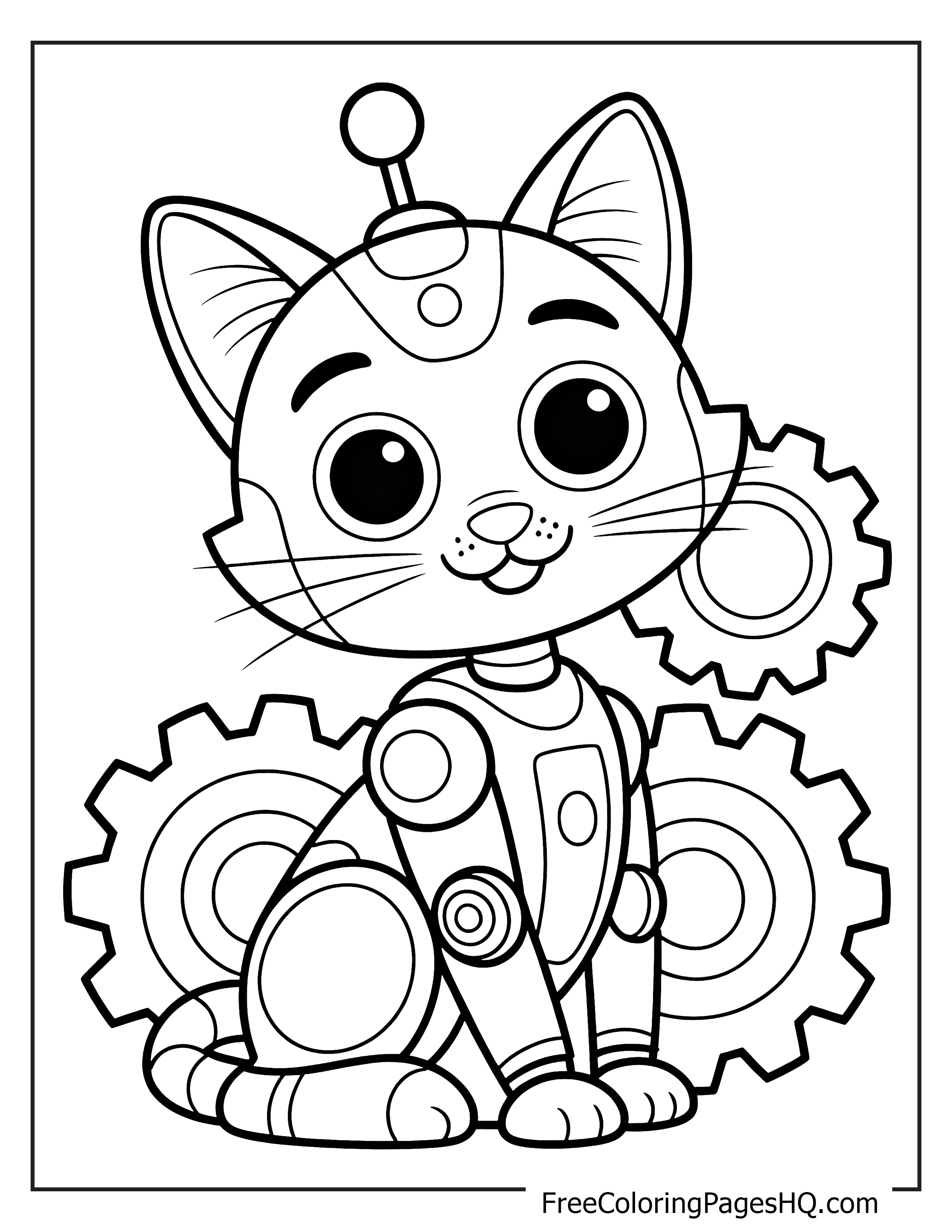 A robotic cat with large eyes sits in front of gears.