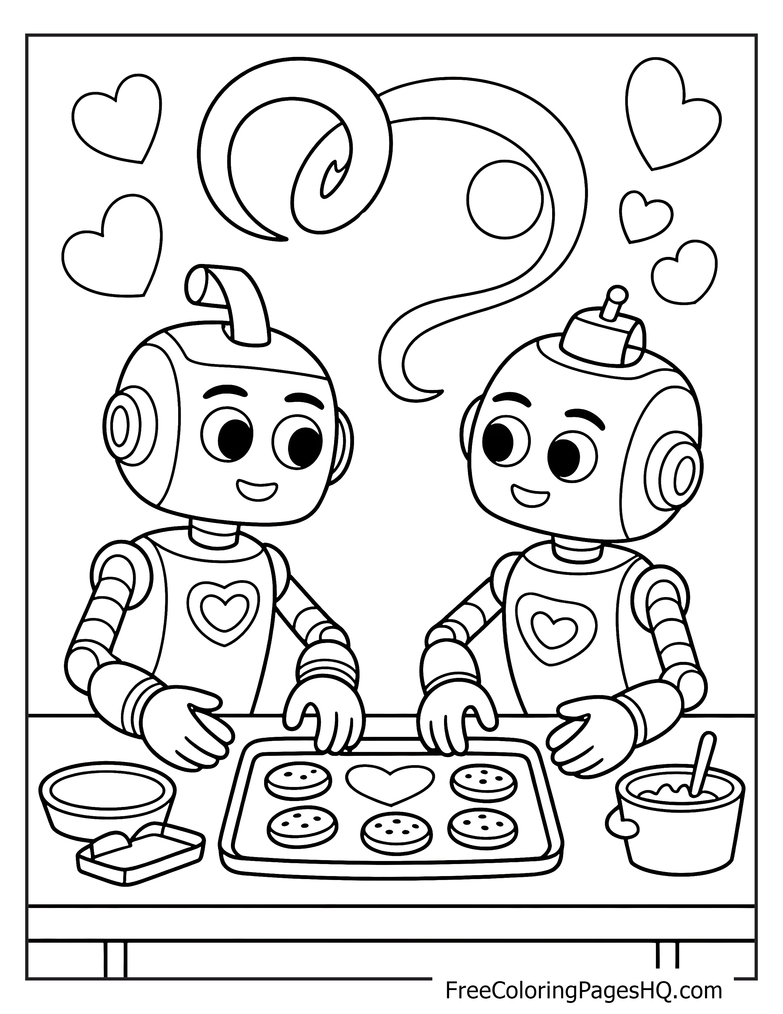 Two smiling robots holding a tray of heart-shaped cookies, with hearts floating around them.