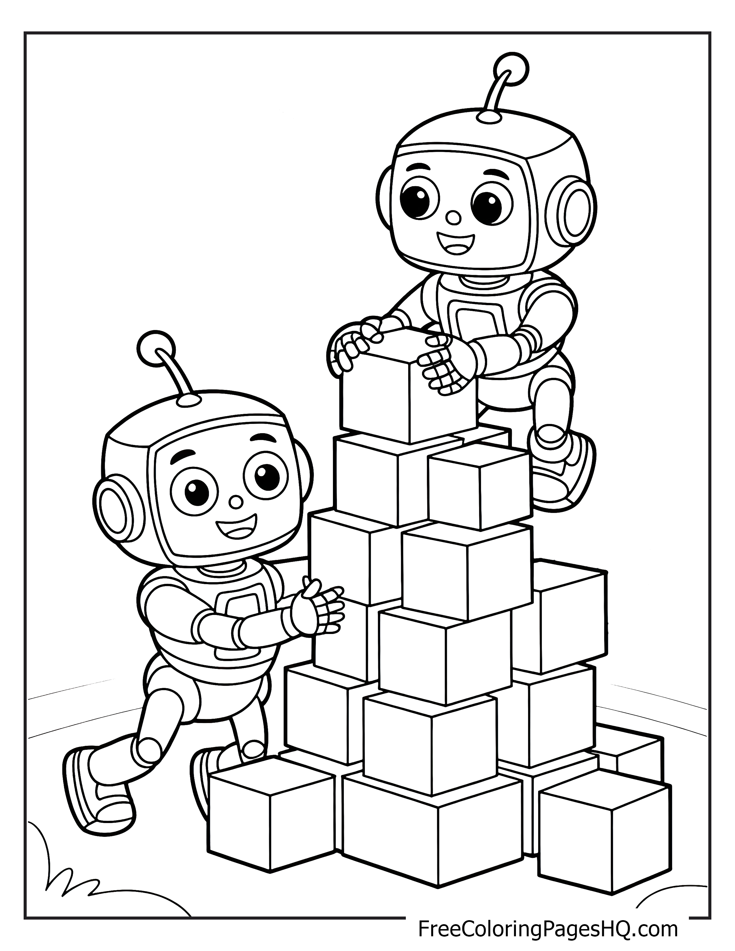 Two robots happily constructing a tower out of blocks in a park setting with trees and stars.