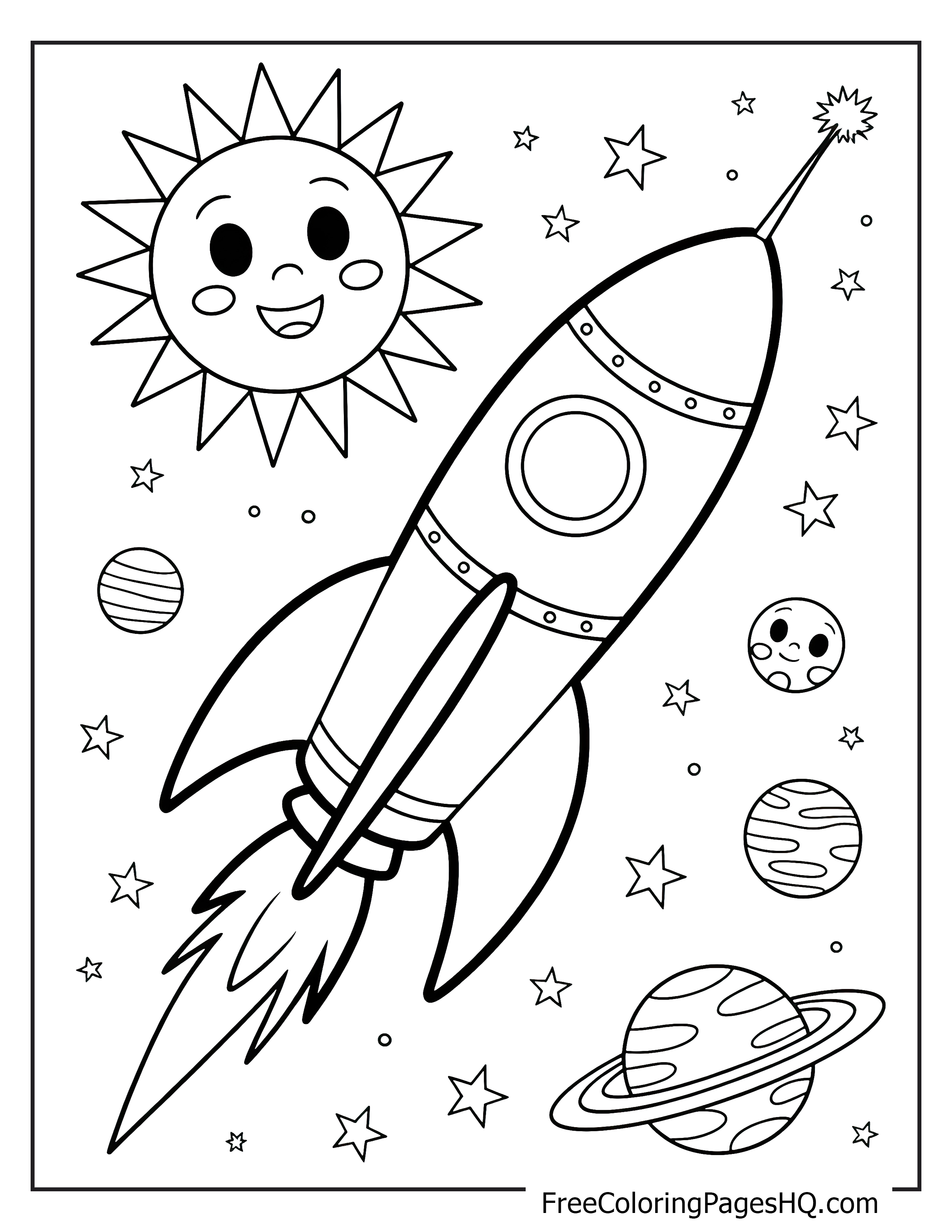 Rocket and sun with planets and stars for kids.