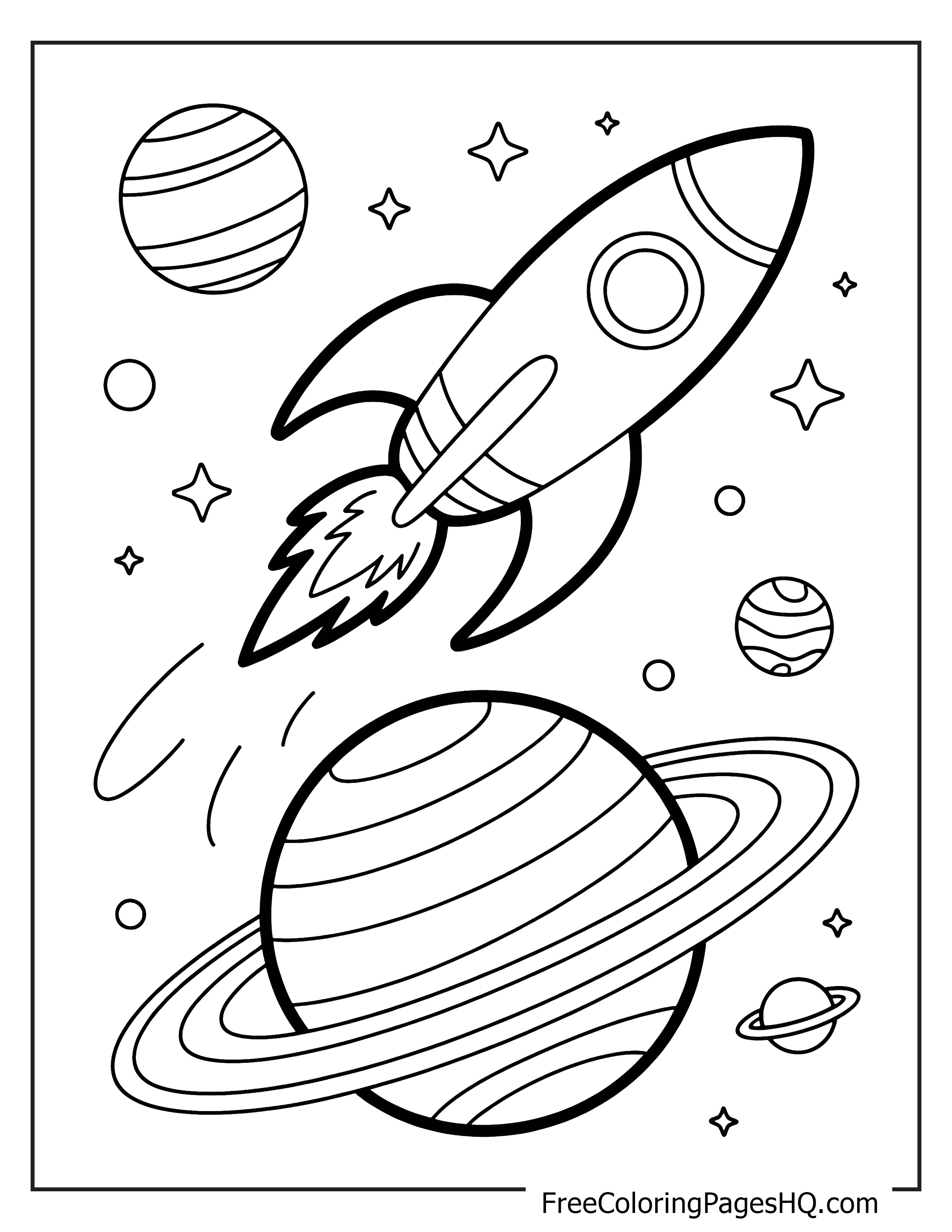 Rocket soaring among planets and stars illustration.